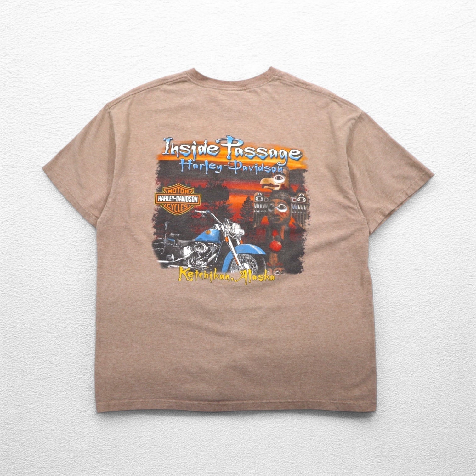 HARLEY DAVIDSON T-shirt stampata Hanes BEEFY-T made in USA XL cotone beige ALASKA
