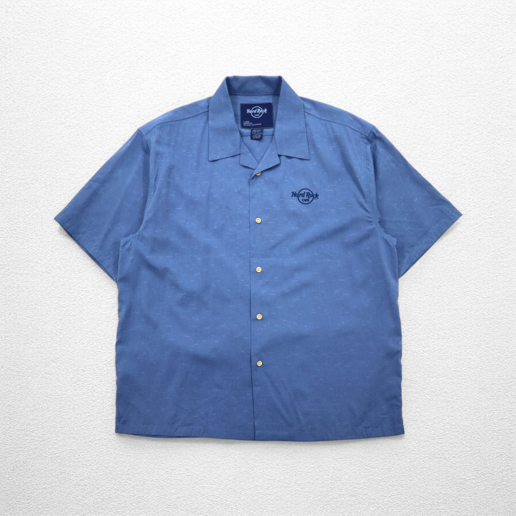 Hard Rock CAFE 半袖 オープンカラーシャツ 開襟 アロハシャツ XL ネイビー レーヨン 刺繍 ギターモチーフ 刺子