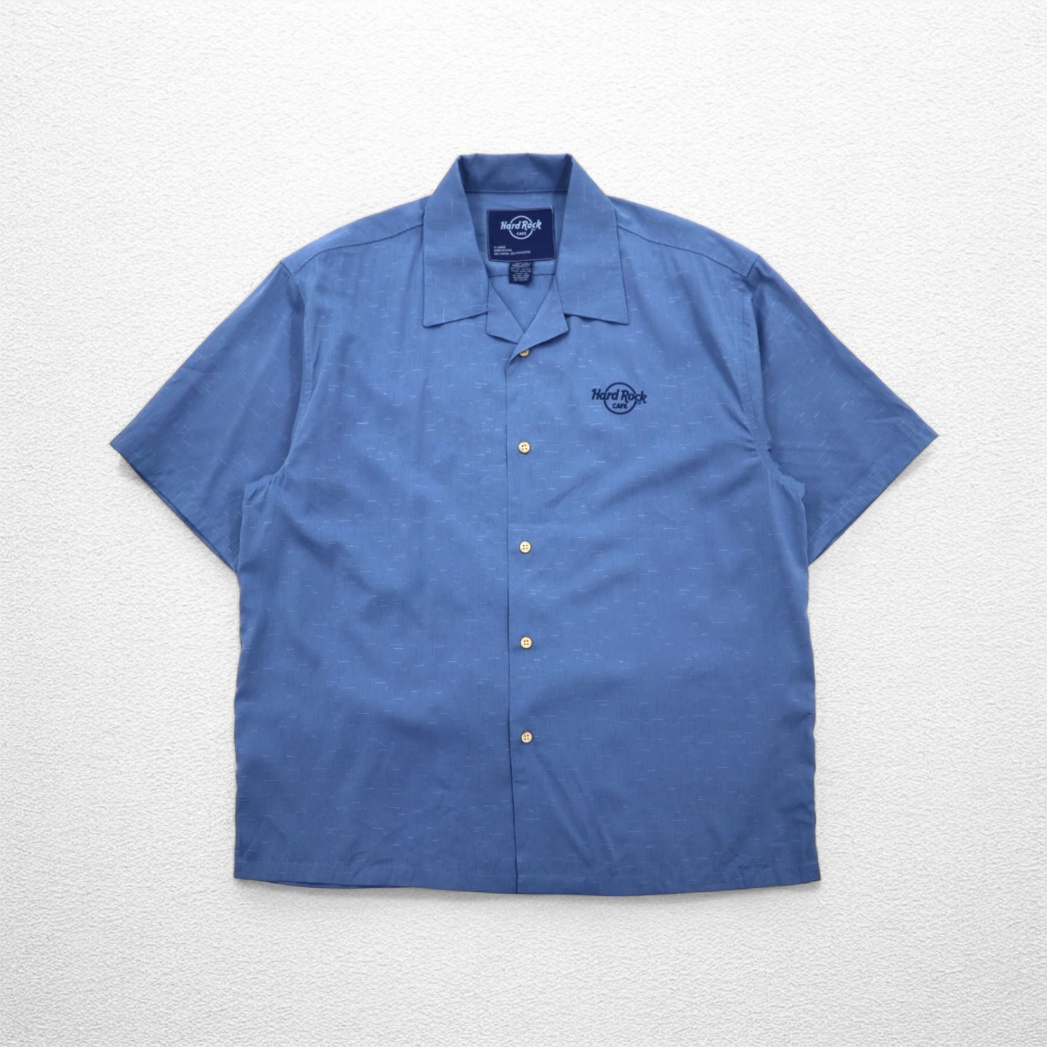Hard Rock CAFE camicia a maniche corte collo aperto scollatura hawaiana XL blu navy rayon ricamata motivo chitarra Sashiko