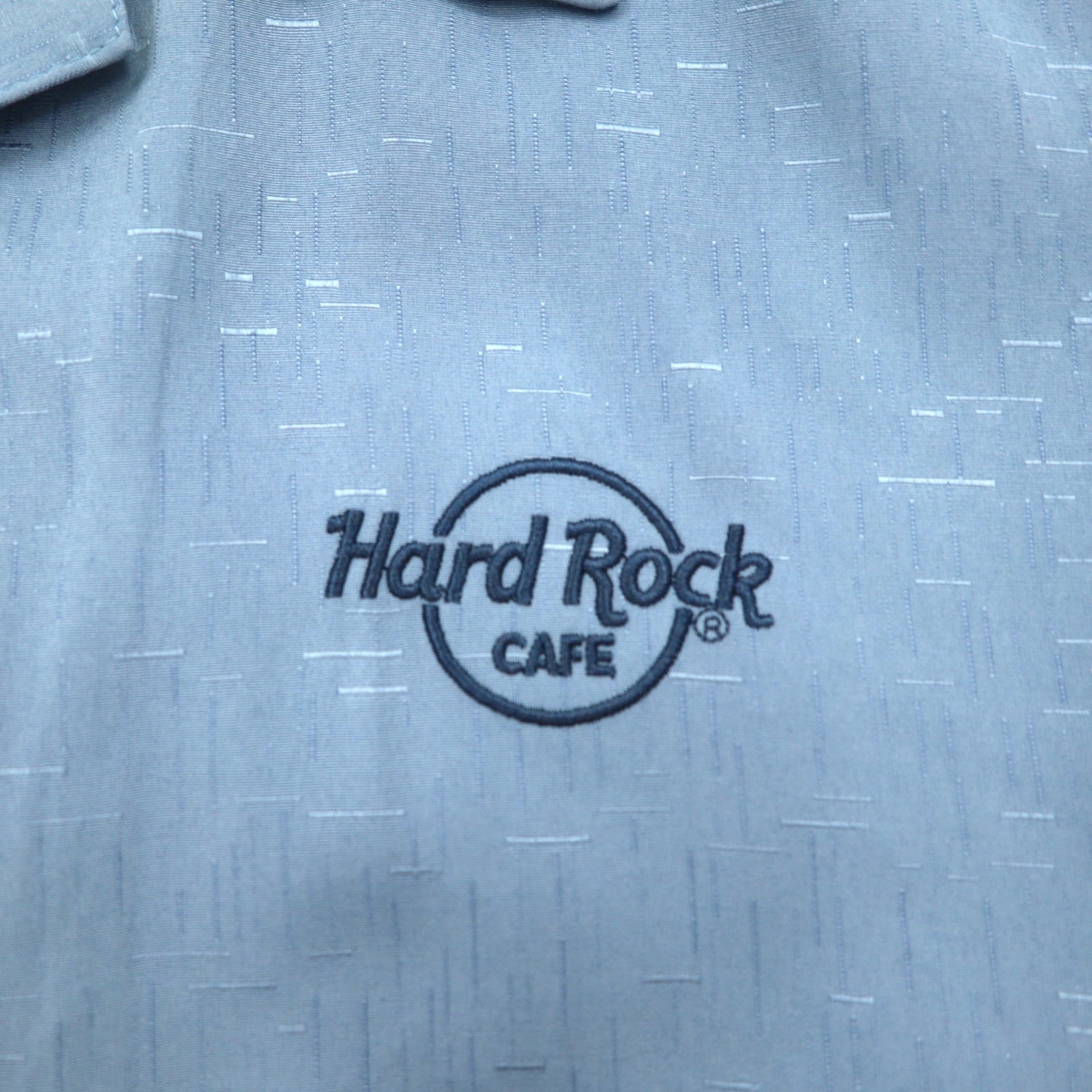 Hard Rock CAFE camicia a maniche corte collo aperto scollatura hawaiana XL blu navy rayon ricamata motivo chitarra Sashiko
