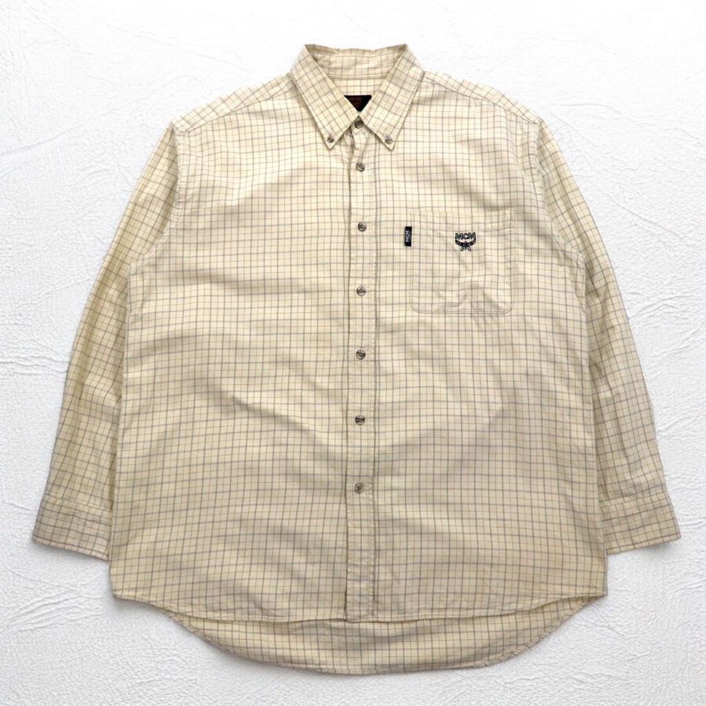 MCM Camicia Button-Down XL Beige a Quadri in Cotone Taschino sul Petto Logo Ricamato