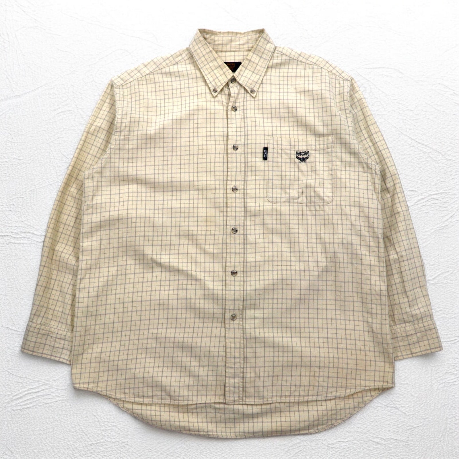 MCM Camicia Button-Down XL Beige a Quadri in Cotone Taschino sul Petto Logo Ricamato