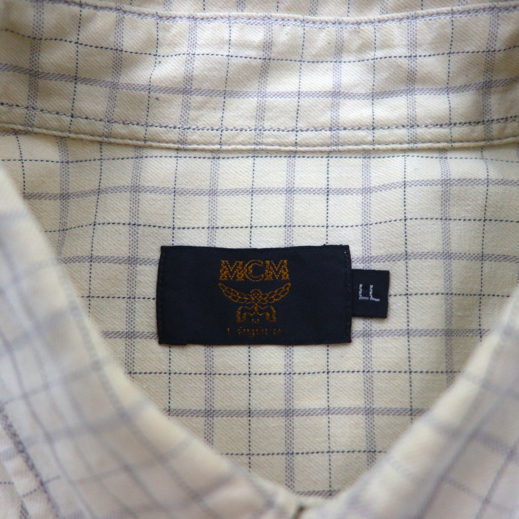 MCM Camicia Button-Down XL Beige a Quadri in Cotone Taschino sul Petto Logo Ricamato