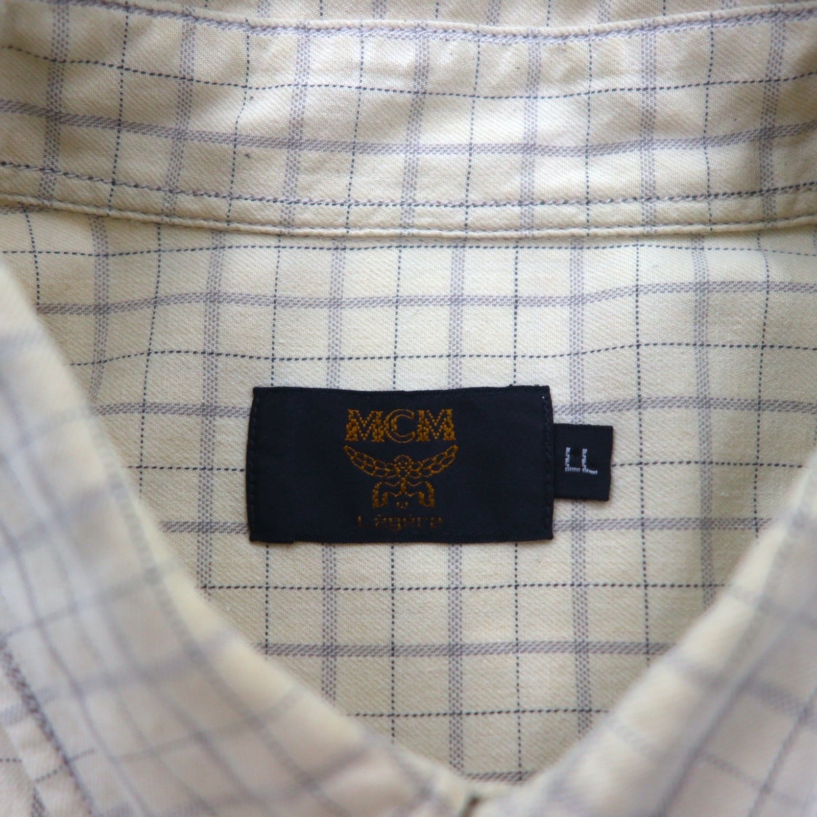 MCM Camicia Button-Down XL Beige a Quadri in Cotone Taschino sul Petto Logo Ricamato