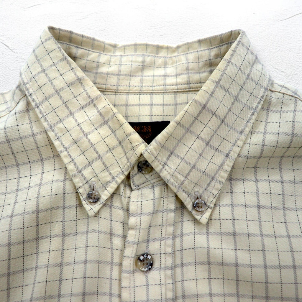 MCM Camicia Button-Down XL Beige a Quadri in Cotone Taschino sul Petto Logo Ricamato