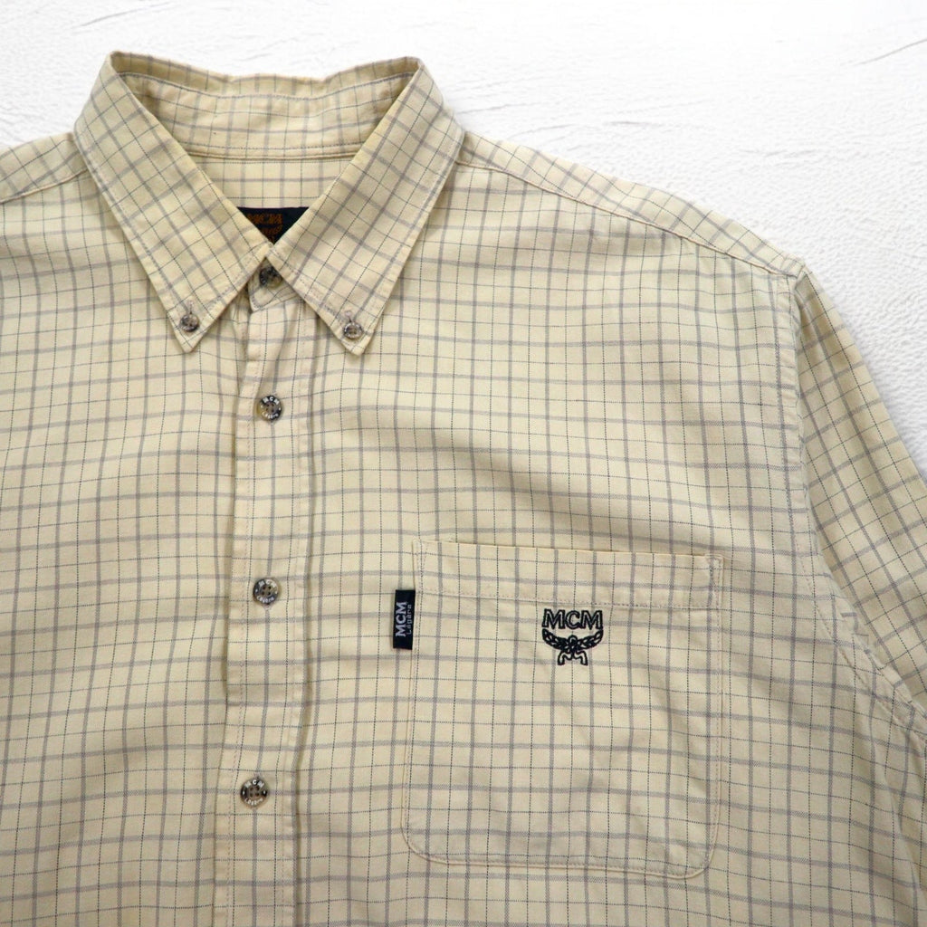 MCM Camicia Button-Down XL Beige a Quadri in Cotone Taschino sul Petto Logo Ricamato