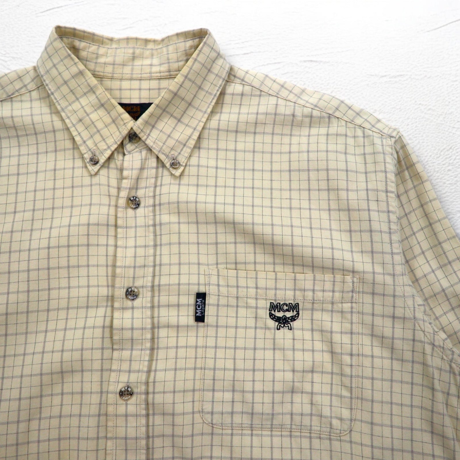 MCM Camicia Button-Down XL Beige a Quadri in Cotone Taschino sul Petto Logo Ricamato