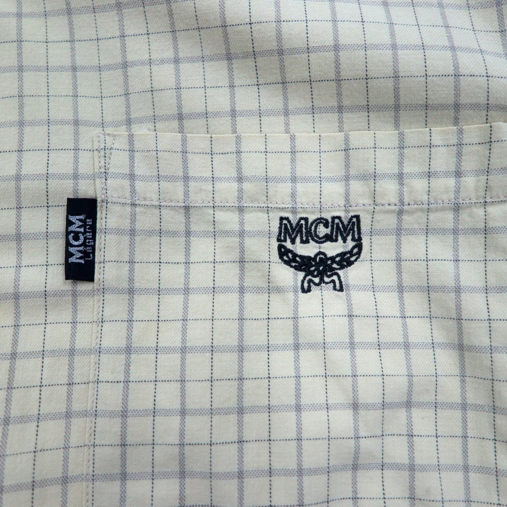 MCM Camicia Button-Down XL Beige a Quadri in Cotone Taschino sul Petto Logo Ricamato
