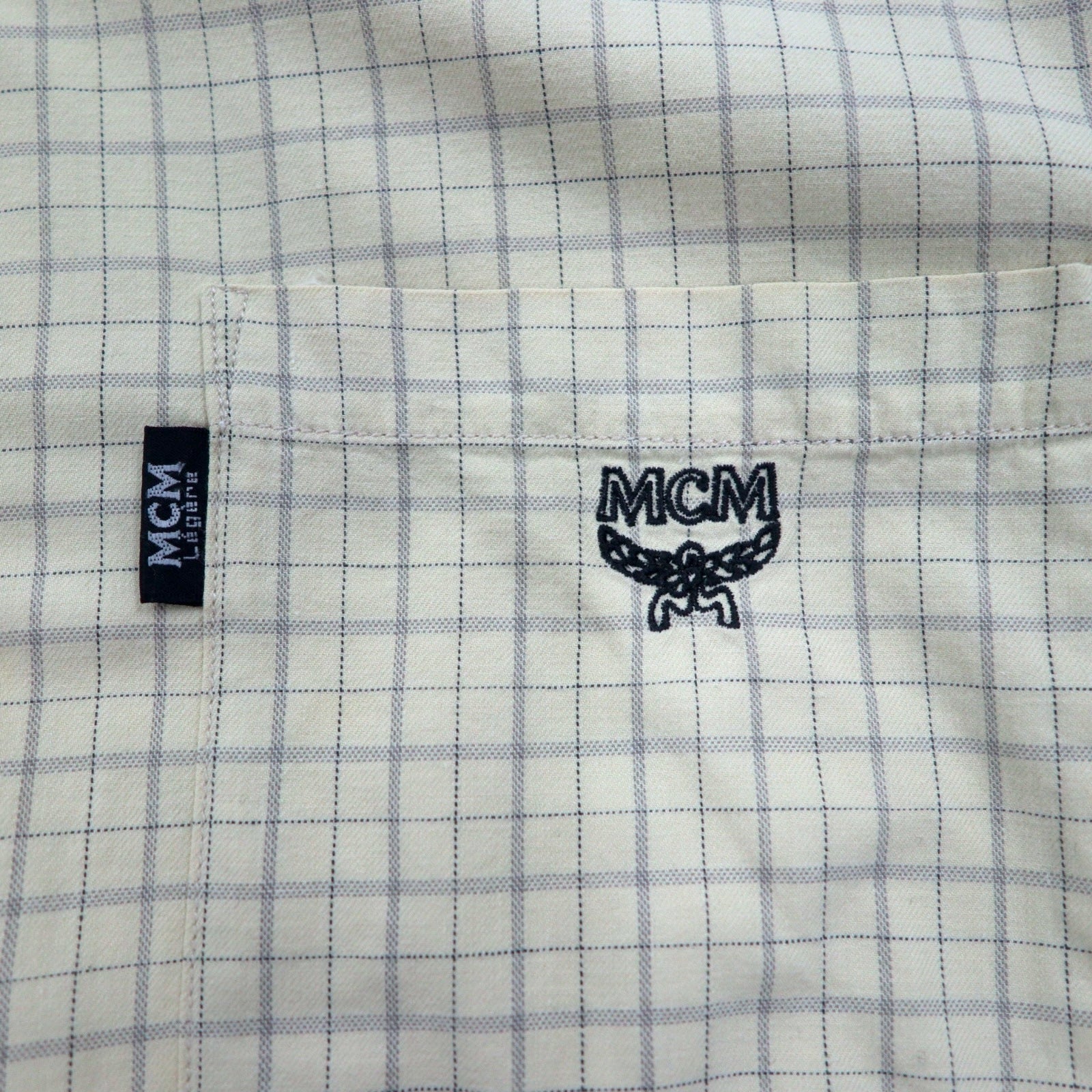 MCM Camicia Button-Down XL Beige a Quadri in Cotone Taschino sul Petto Logo Ricamato