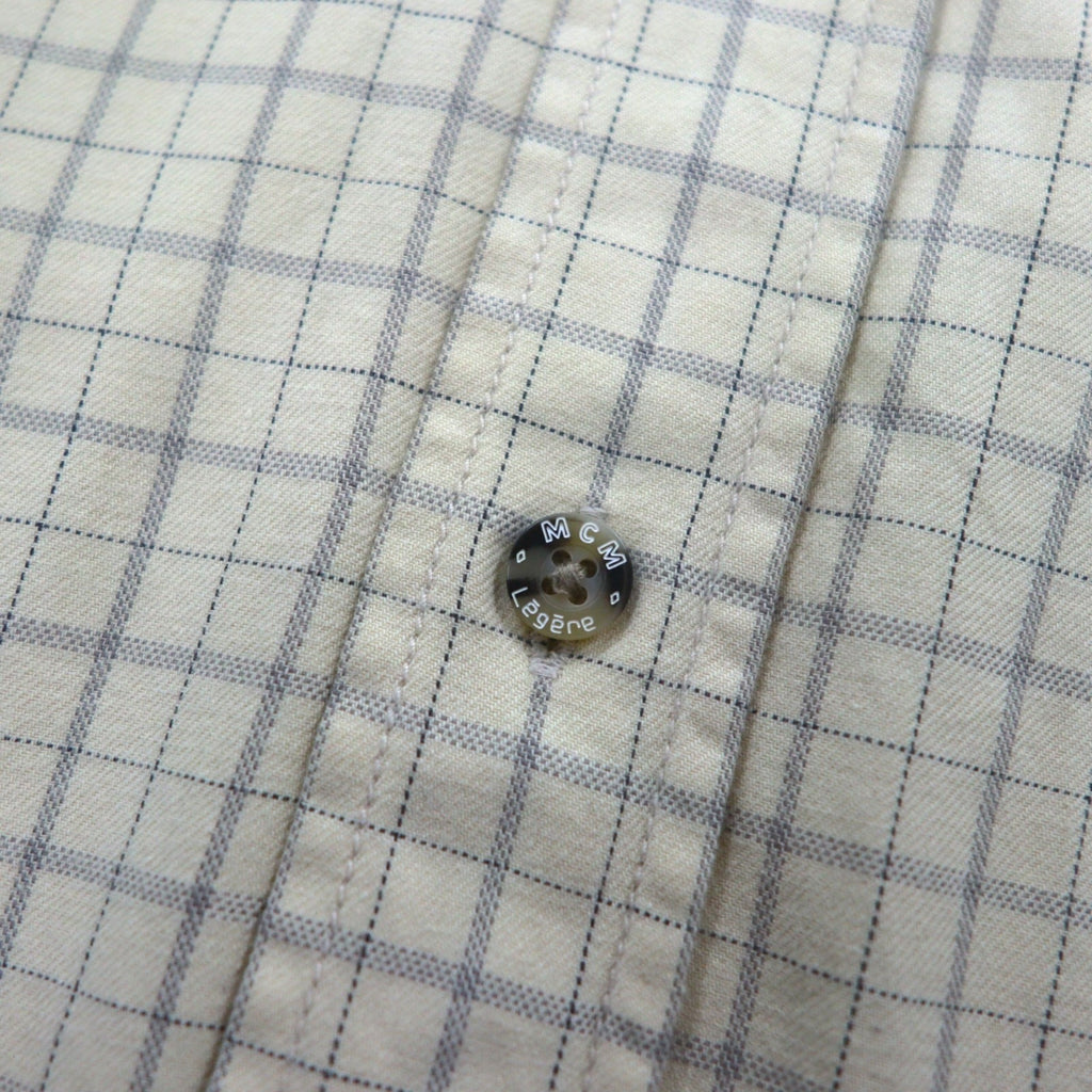 MCM Camicia Button-Down XL Beige a Quadri in Cotone Taschino sul Petto Logo Ricamato