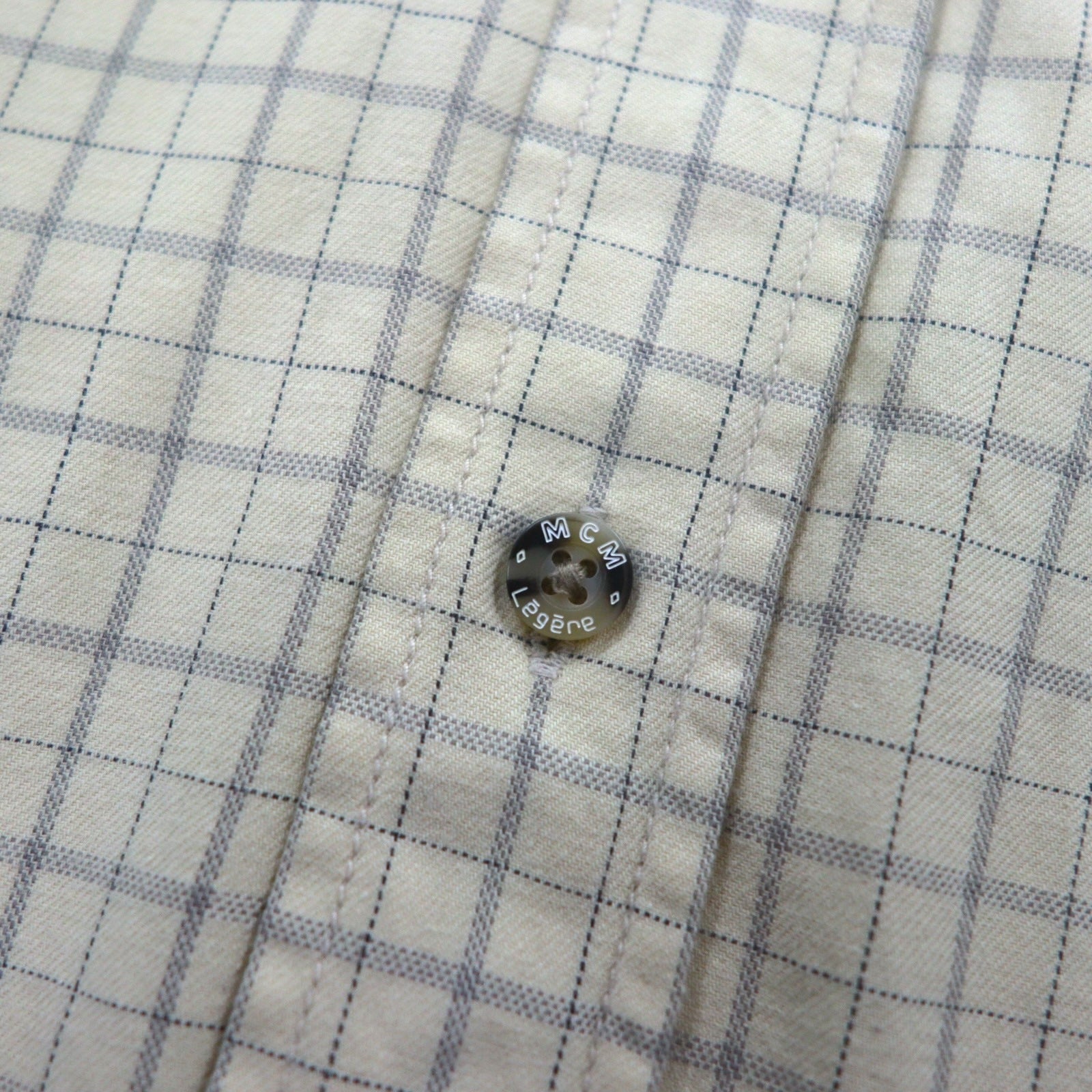 MCM Camicia Button-Down XL Beige a Quadri in Cotone Taschino sul Petto Logo Ricamato