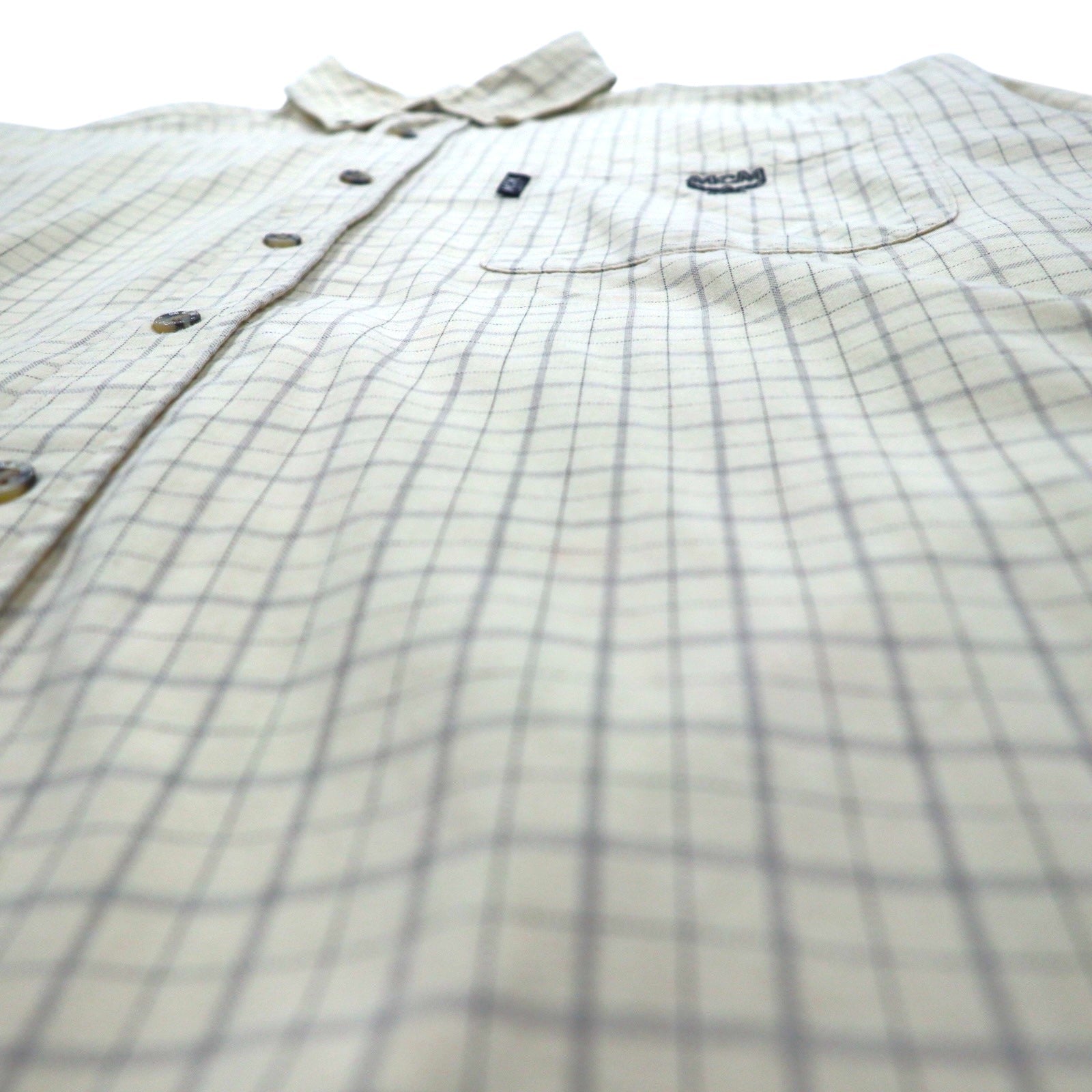 MCM Camicia Button-Down XL Beige a Quadri in Cotone Taschino sul Petto Logo Ricamato