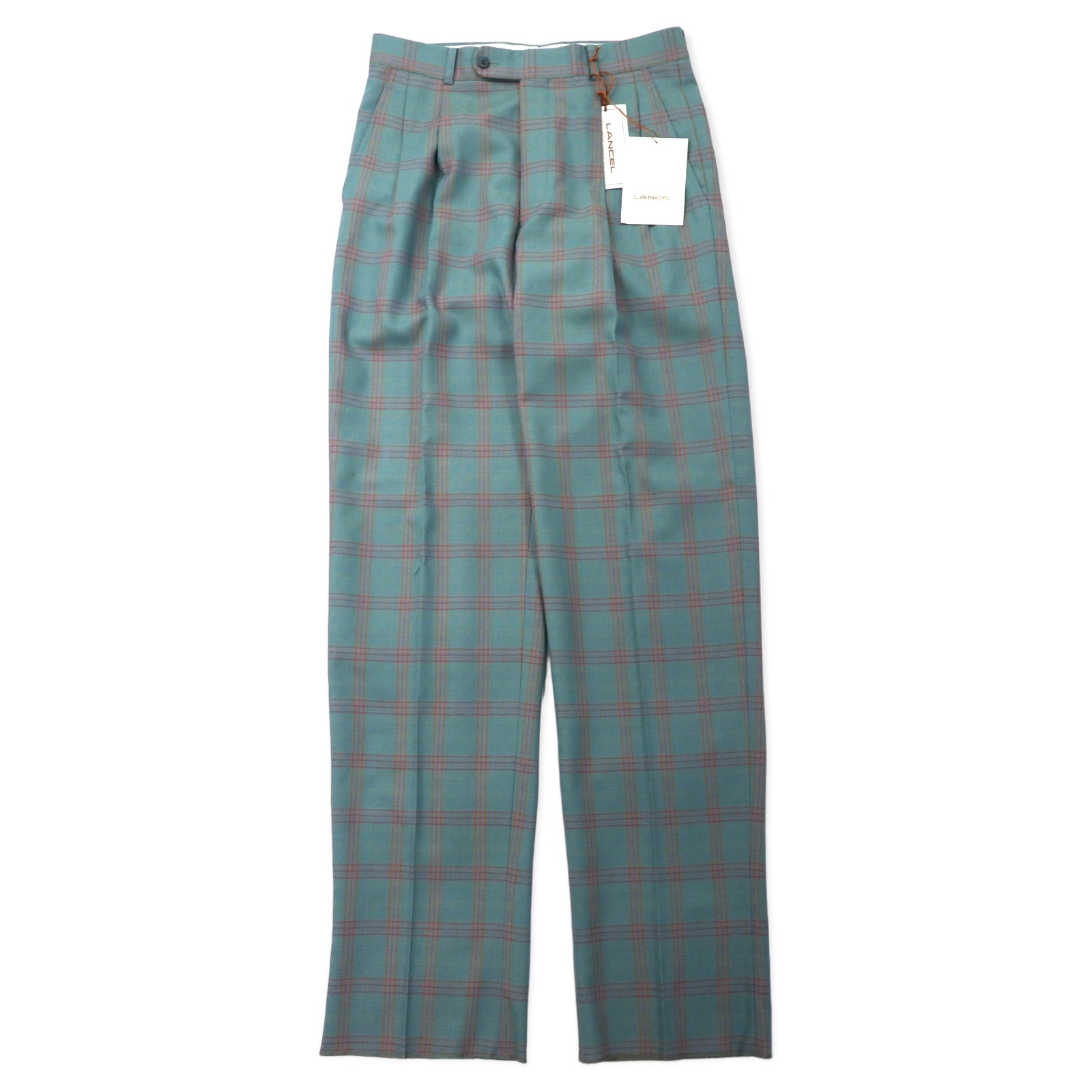 LANCEL オールド 2タック ワイド スラックスパンツ 79 グリーン チェック ウール 日本製 未使用品