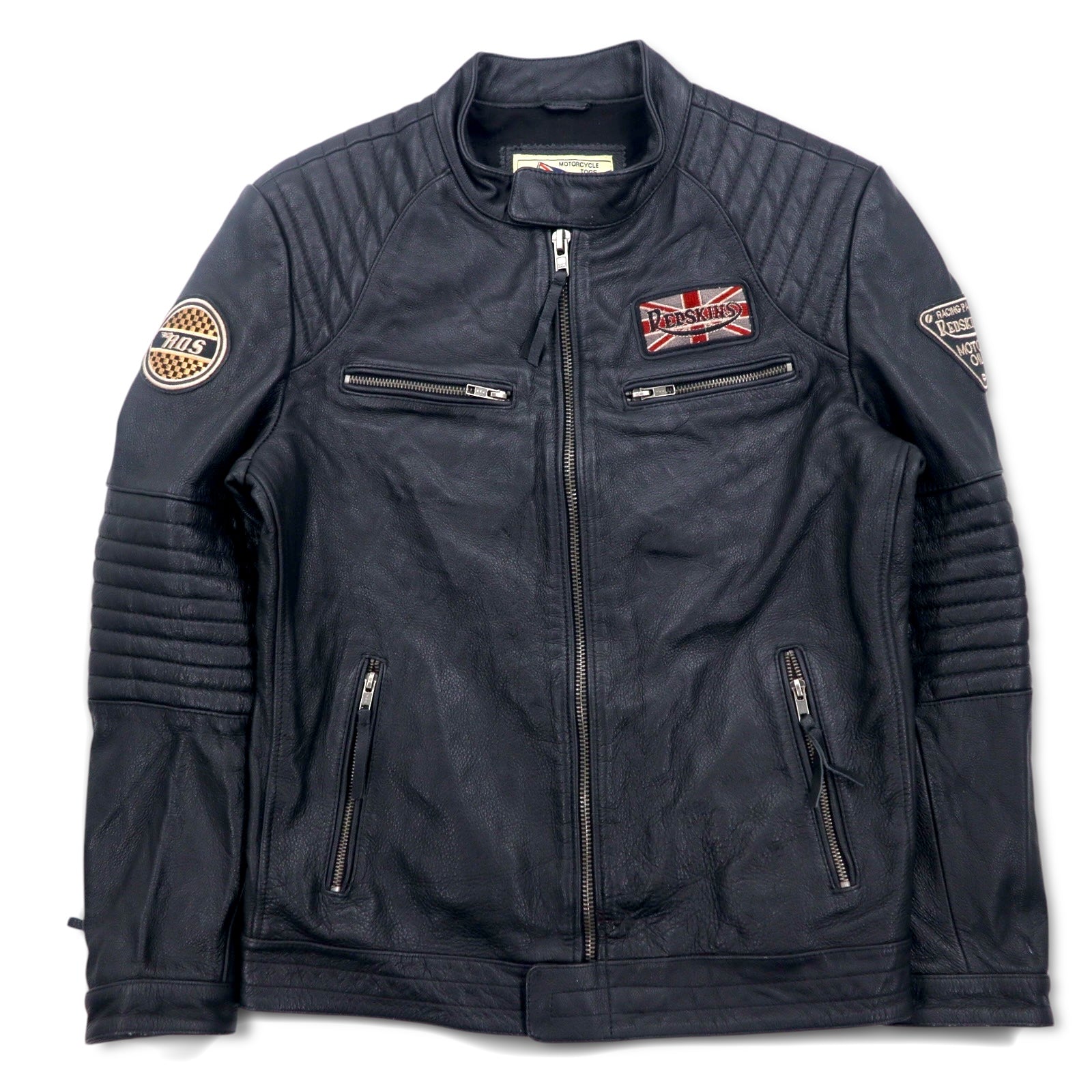 MOTORCYCLE TOGS REDSKINS Giacca da motociclista in pelle singola, taglia L, colore nero, con toppe Union Jack, logo posteriore e trapuntatura.