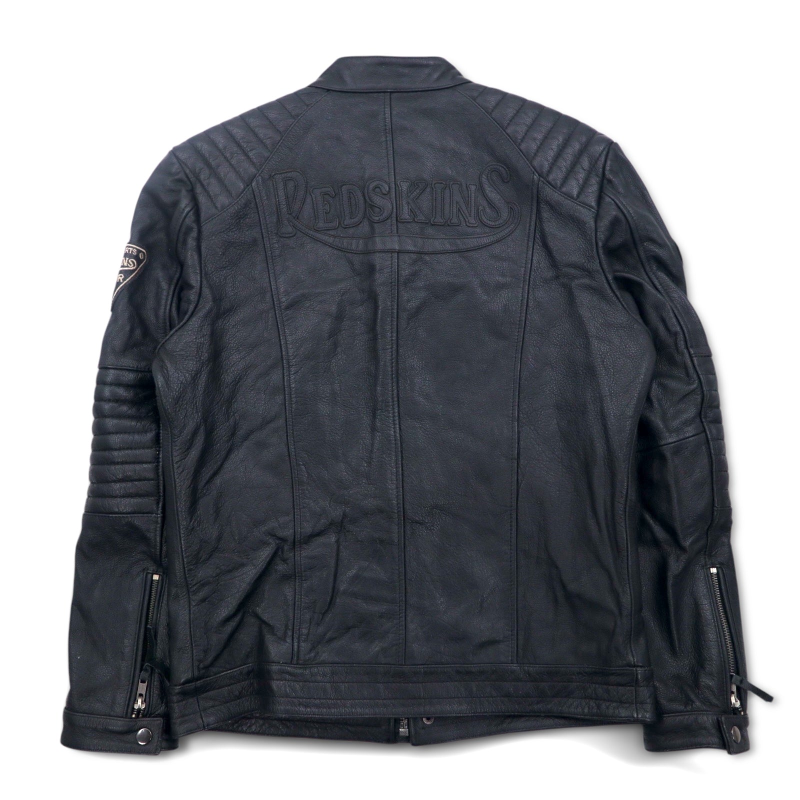 MOTORCYCLE TOGS REDSKINS Giacca da motociclista in pelle singola, taglia L, colore nero, con toppe Union Jack, logo posteriore e trapuntatura.