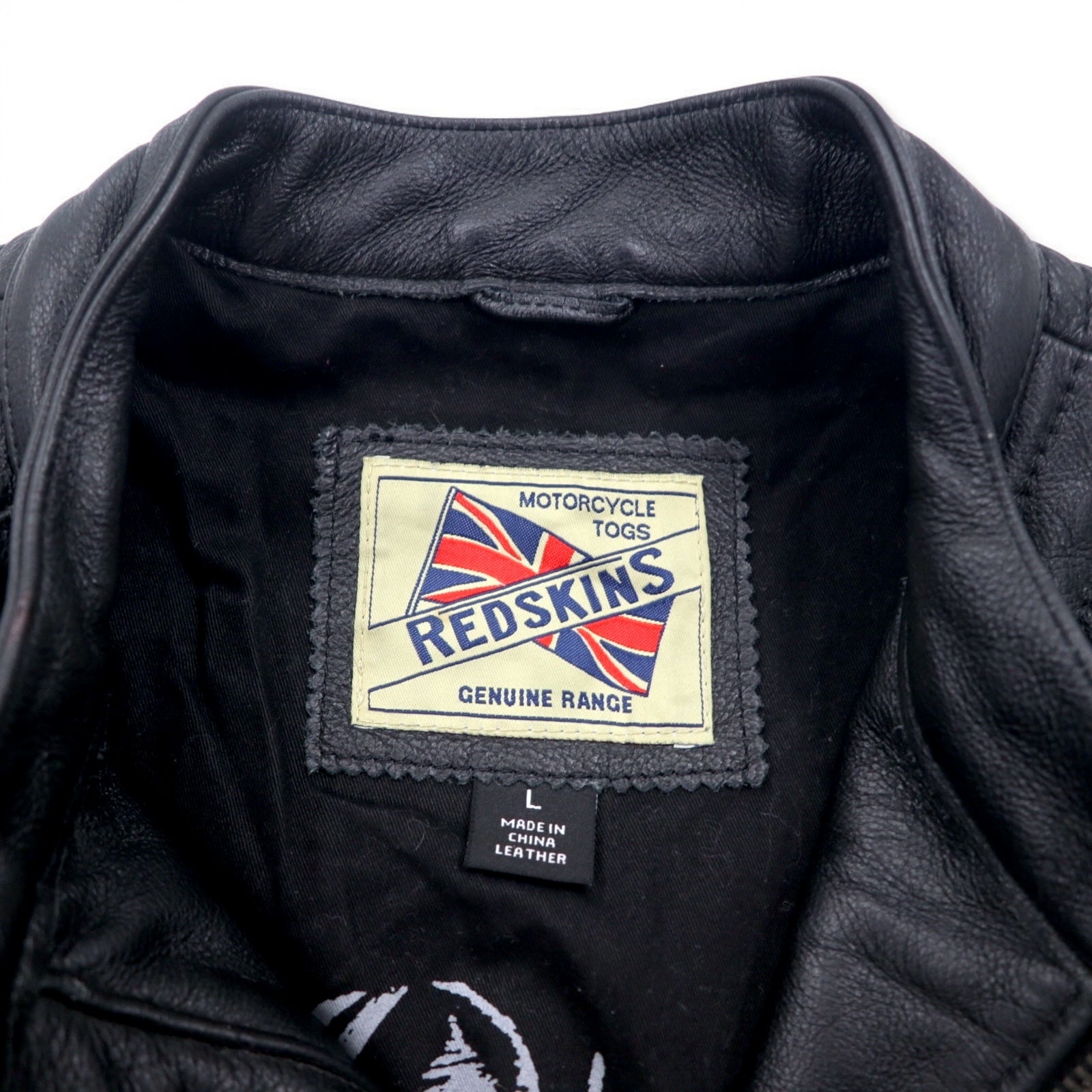 MOTORCYCLE TOGS REDSKINS Giacca da motociclista in pelle singola, taglia L, colore nero, con toppe Union Jack, logo posteriore e trapuntatura.
