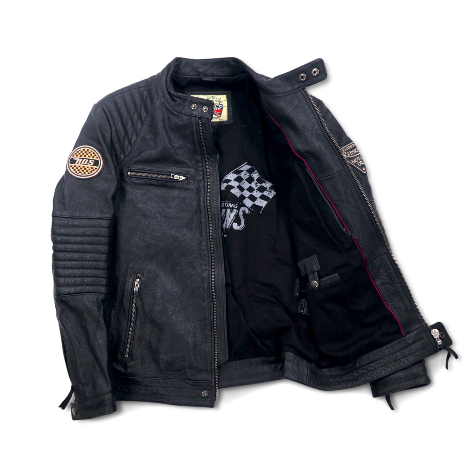 MOTORCYCLE TOGS REDSKINS Giacca da motociclista in pelle singola, taglia L, colore nero, con toppe Union Jack, logo posteriore e trapuntatura.