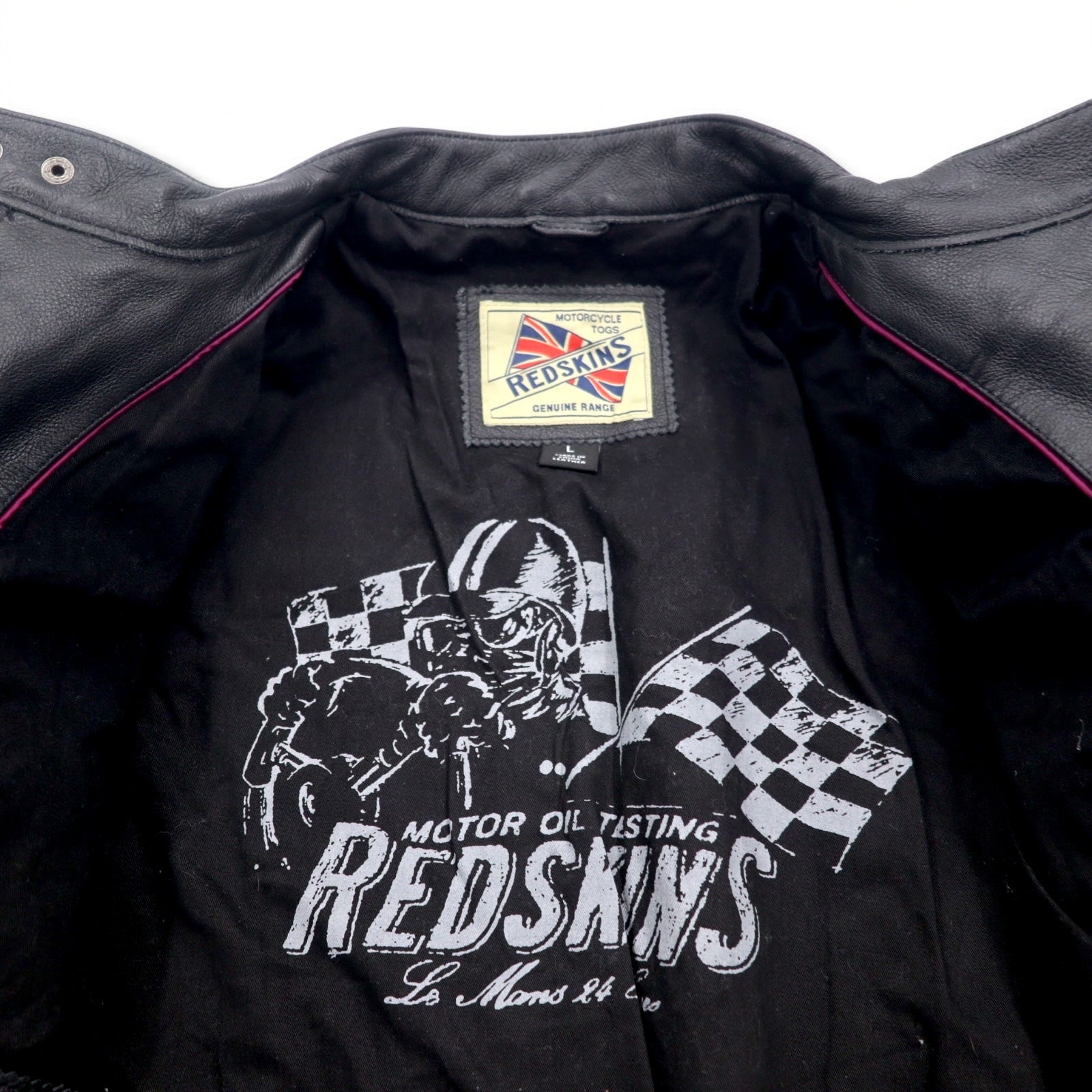 MOTORCYCLE TOGS REDSKINS Giacca da motociclista in pelle singola, taglia L, colore nero, con toppe Union Jack, logo posteriore e trapuntatura.