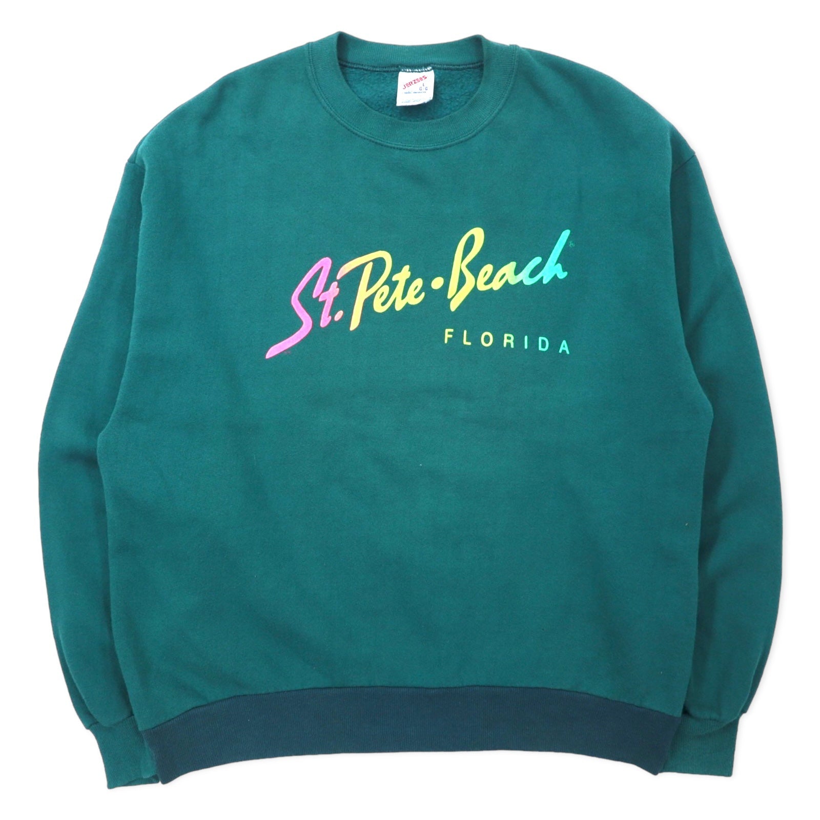 Felpa stampata JERZEES USA 90s L verde cotone St. Pete Beach FLORIDA