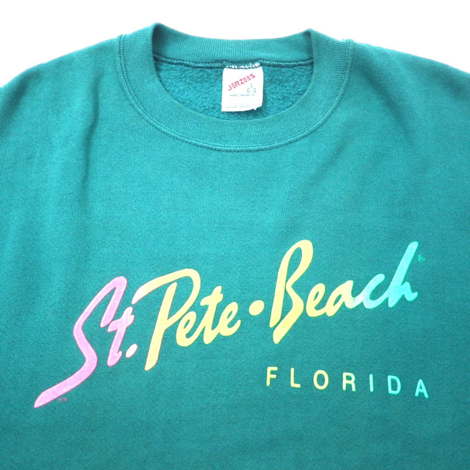 Felpa stampata JERZEES USA 90s L verde cotone St. Pete Beach FLORIDA