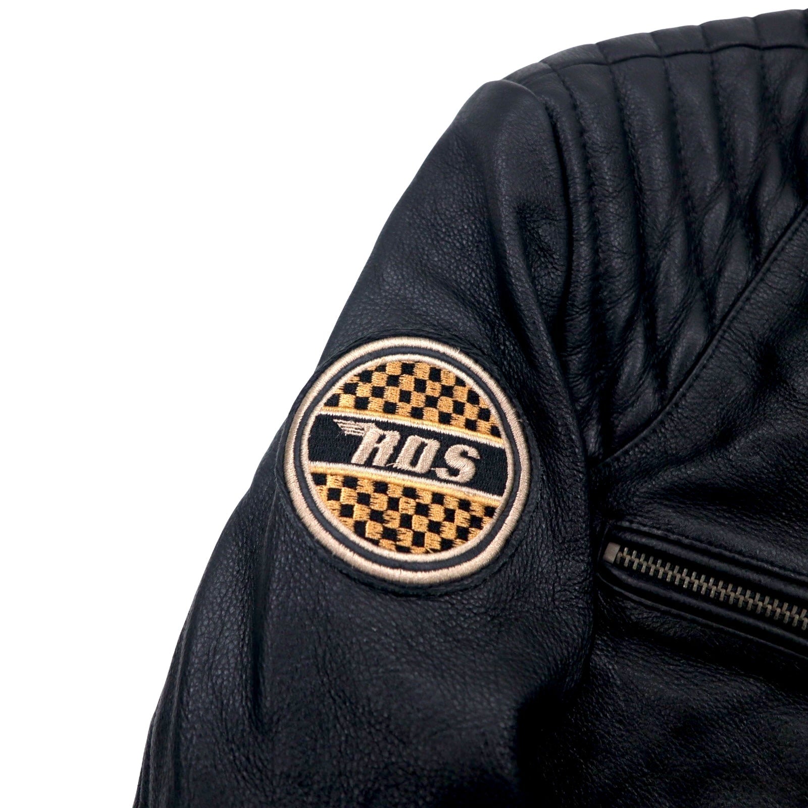 MOTORCYCLE TOGS REDSKINS Giacca da motociclista in pelle singola, taglia L, colore nero, con toppe Union Jack, logo posteriore e trapuntatura.