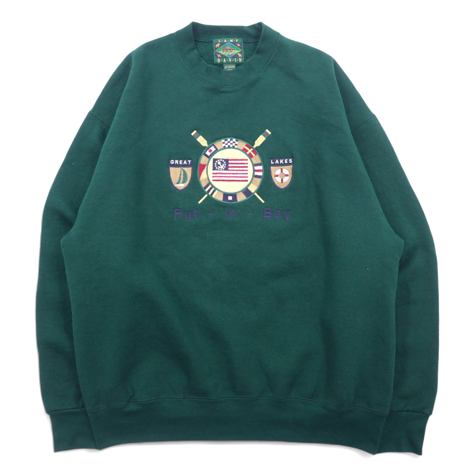 USA製 90年代 CAMP DAVID スウェット XL グリーン 刺繍 GREAT LAKES コットン 裏起毛