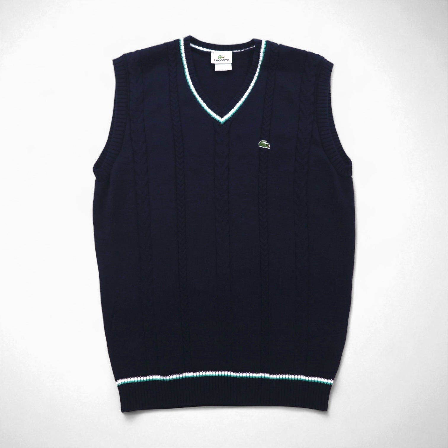 LACOSTE フランス製 チルデンニット Vネック ベスト L ネイビー ケーブル編み アイビー