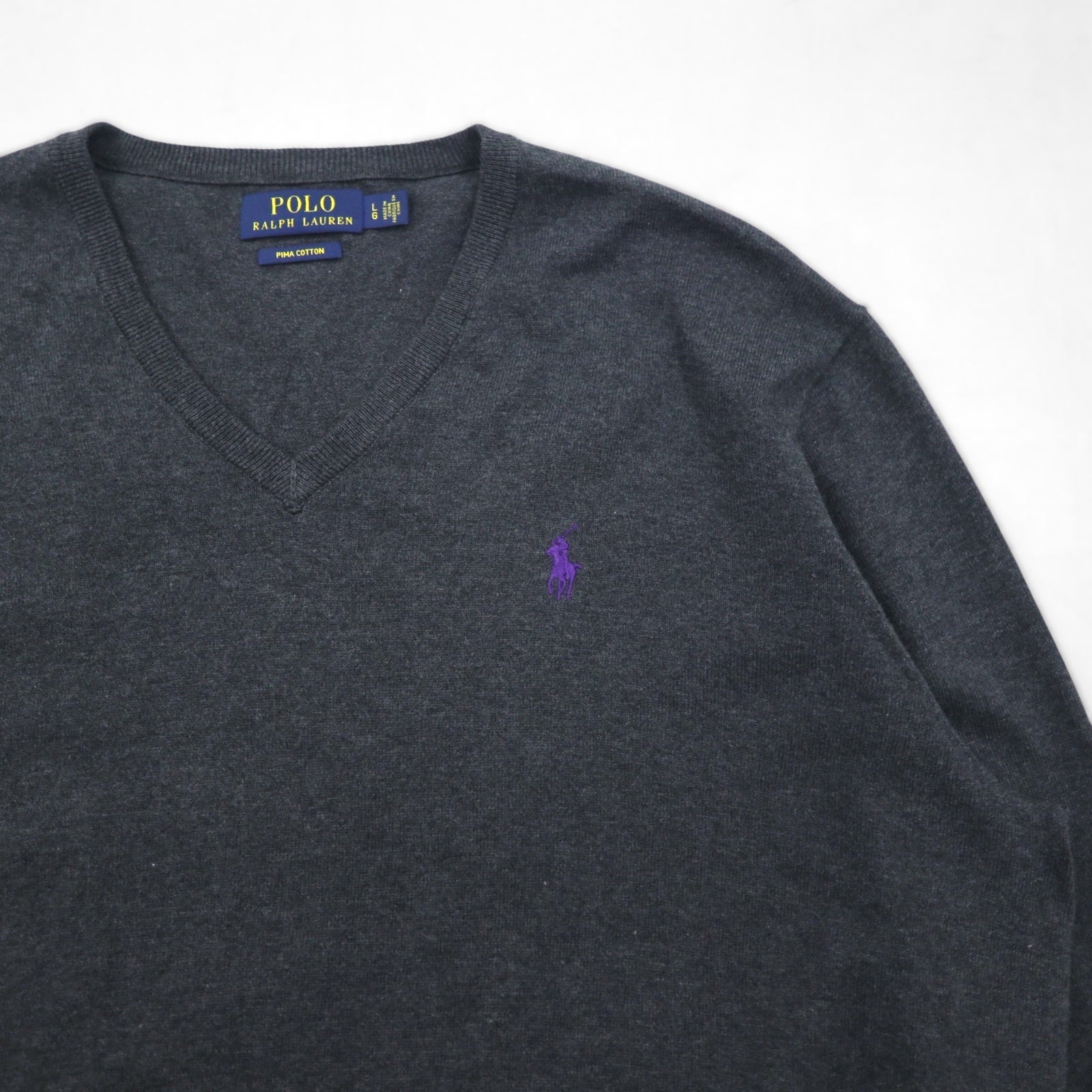 Polo Ralph Lauren Vネック ピマコットン ニット セーター L グレー スモールポニー刺繍