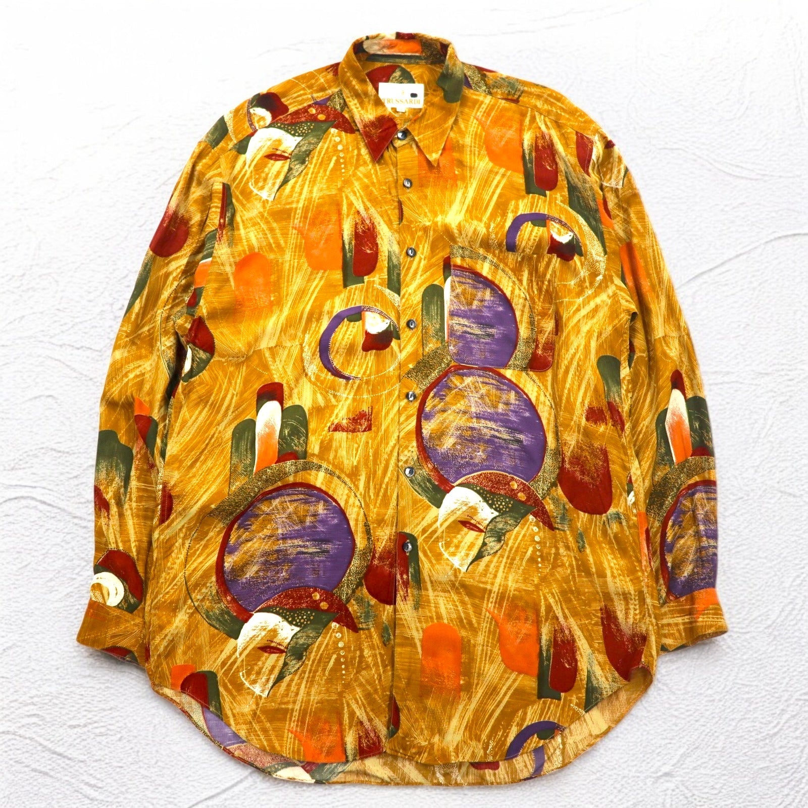 TRUSSARDI anni '90 - Camicia vintage fantasia all-over, arancione, rayon, taglia XL, made in Japan