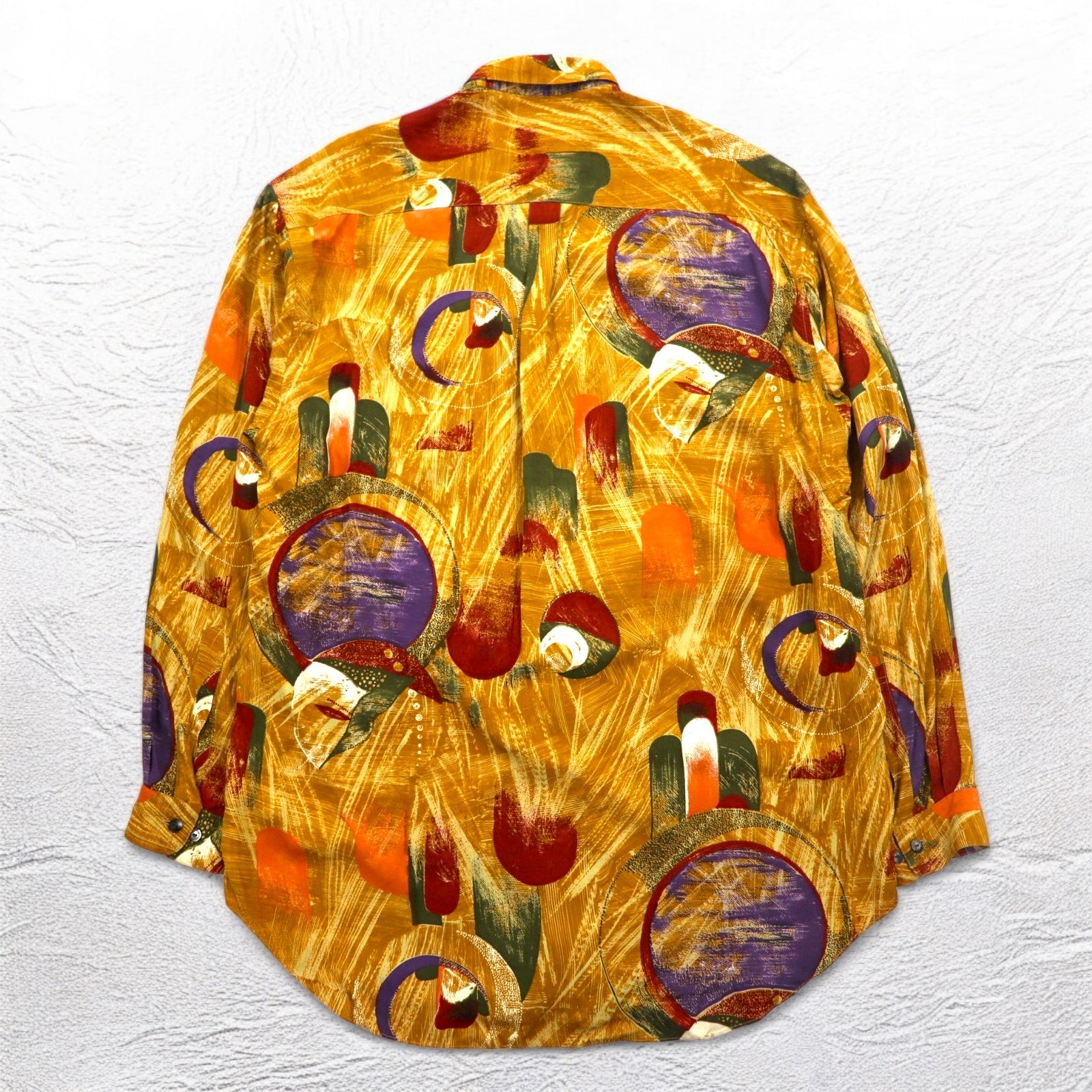 TRUSSARDI anni '90 - Camicia vintage fantasia all-over, arancione, rayon, taglia XL, made in Japan