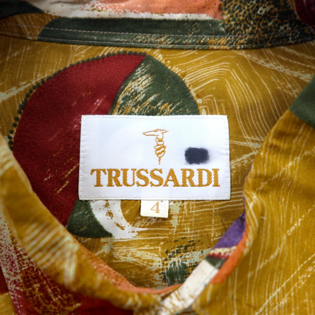 TRUSSARDI anni '90 - Camicia vintage fantasia all-over, arancione, rayon, taglia XL, made in Japan