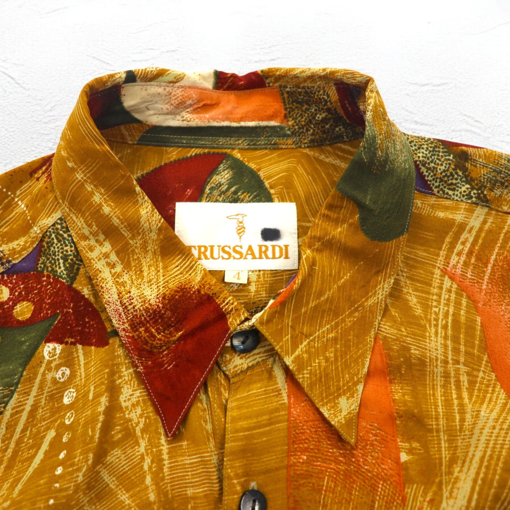 TRUSSARDI anni '90 - Camicia vintage fantasia all-over, arancione, rayon, taglia XL, made in Japan