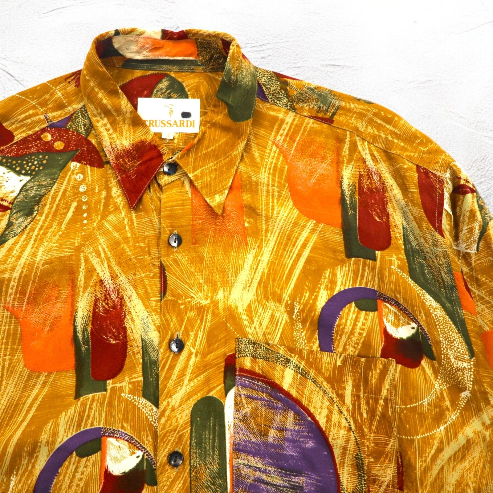 TRUSSARDI anni '90 - Camicia vintage fantasia all-over, arancione, rayon, taglia XL, made in Japan