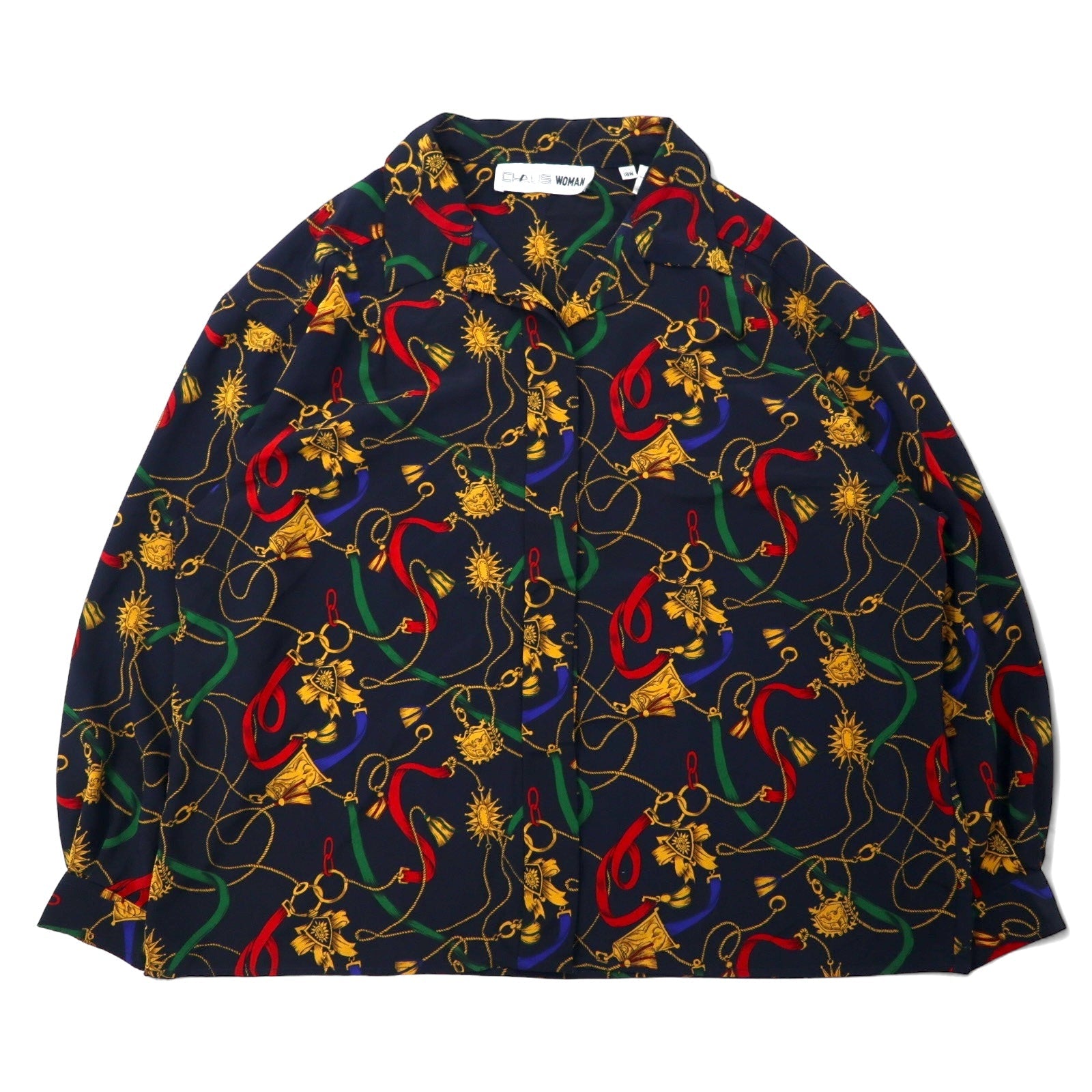 Camicia aperta da donna CHAUS anni '80 stile retrò, taglia 18W, blu navy, fantasia in poliestere