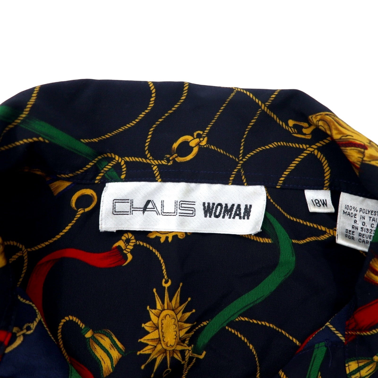 Camicia aperta da donna CHAUS anni '80 stile retrò, taglia 18W, blu navy, fantasia in poliestere