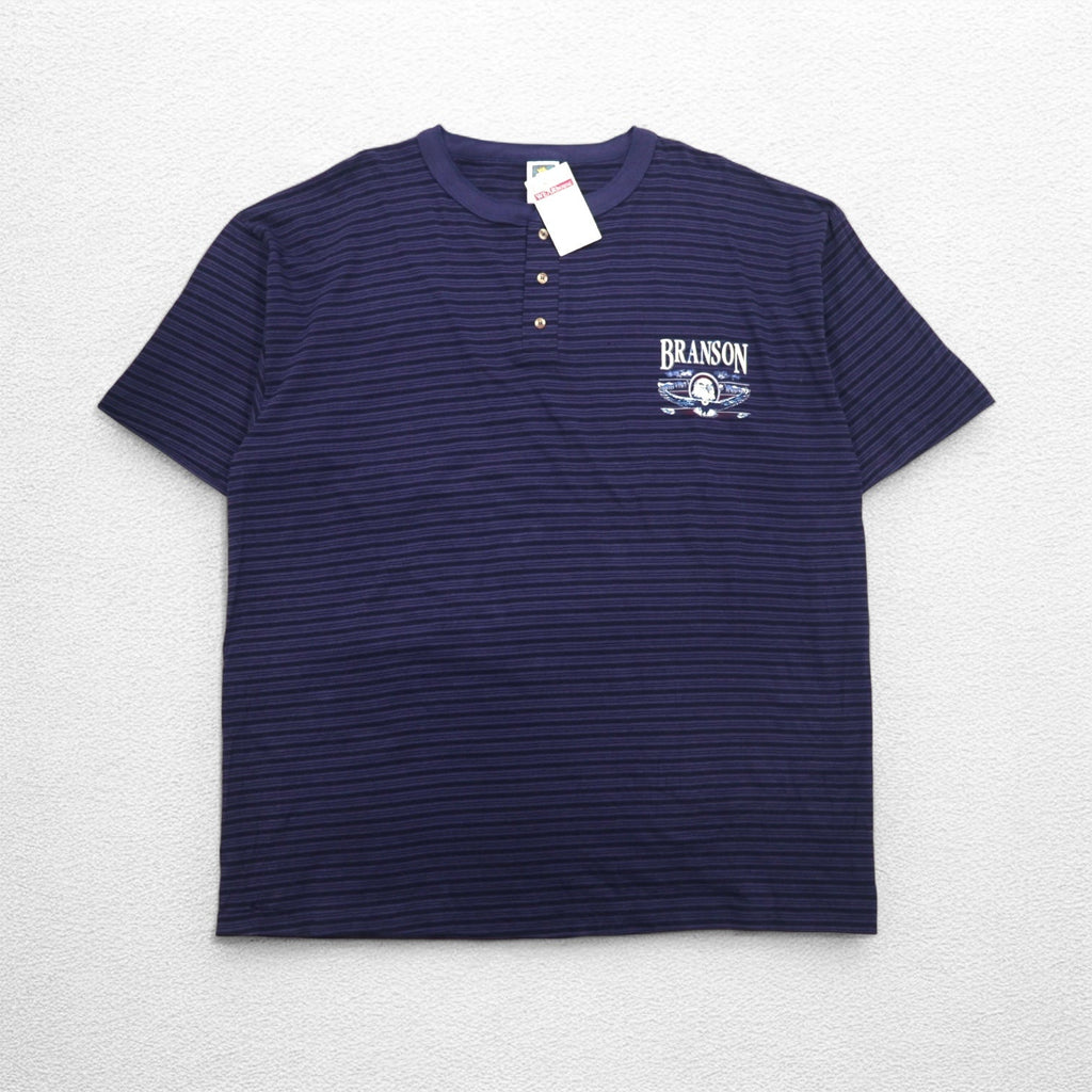 T-shirt henley a righe blu navy con cucitura singola COTTON DELUXE anni '90 di fabbricazione USA, taglia 2XL, marca BRANSON, nuova con cartellino.