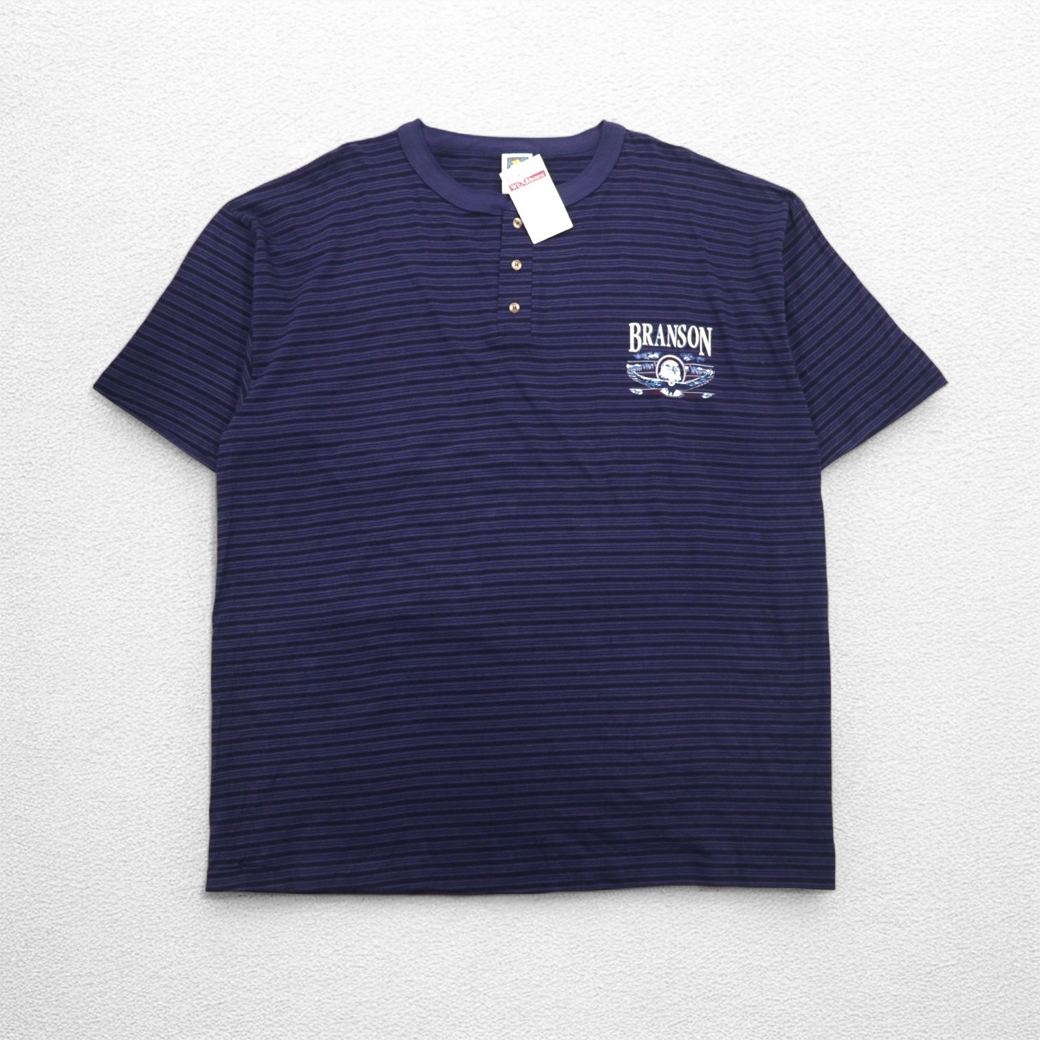 USA製 90年代 COTTON DELUXE シングルステッチ ヘンリーネック Tシャツ 2XL ネイビー ボーダー BRANSON 未使用品