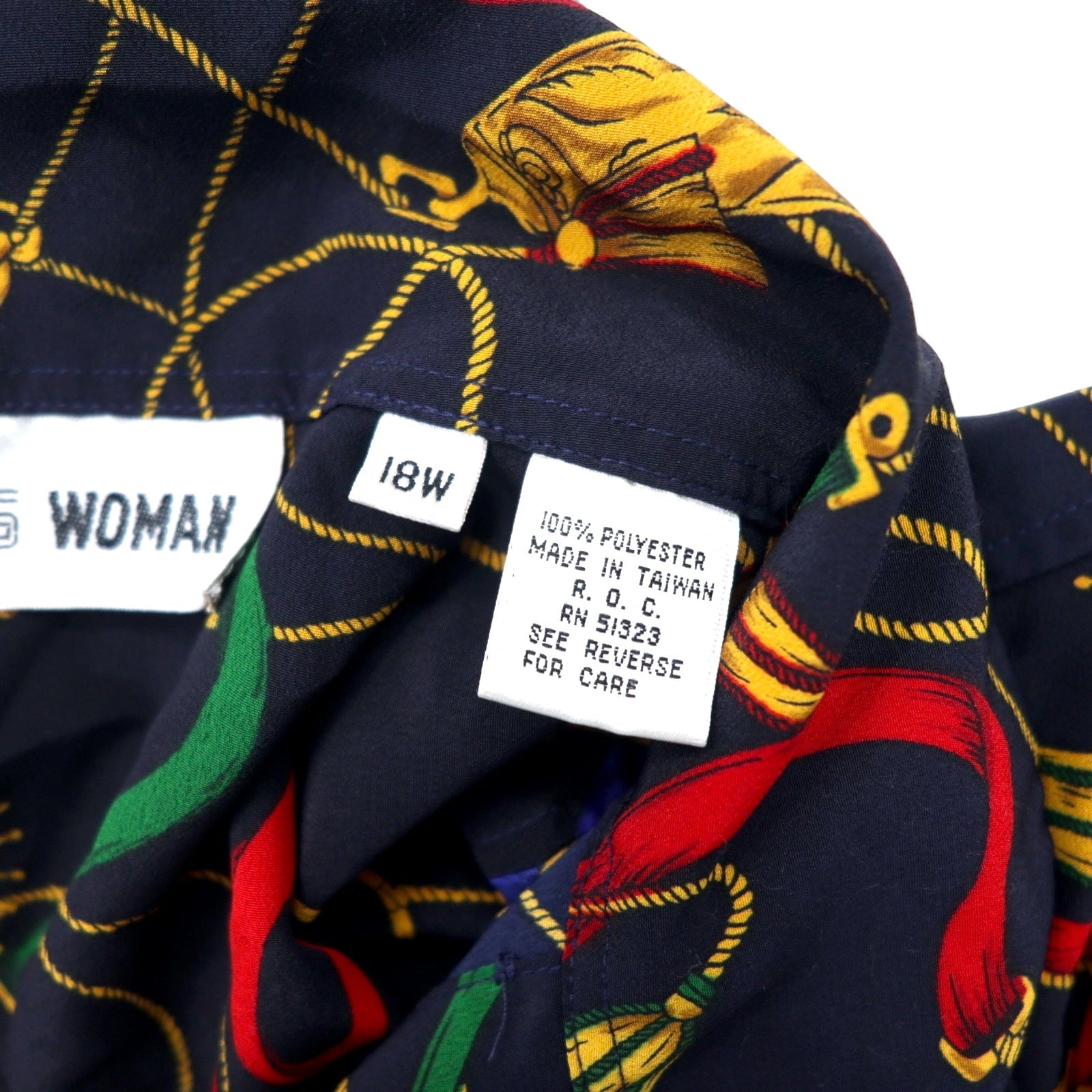 Camicia aperta da donna CHAUS anni '80 stile retrò, taglia 18W, blu navy, fantasia in poliestere