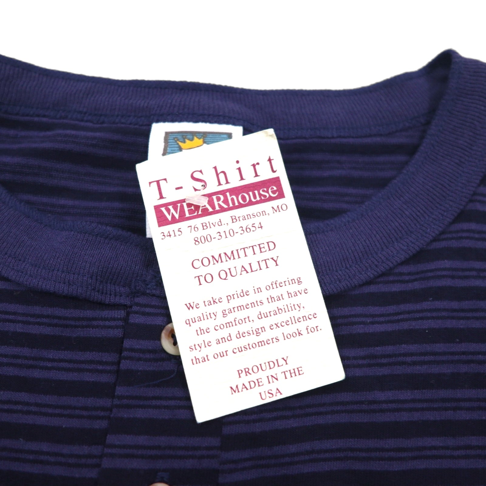 T-shirt henley a righe blu navy con cucitura singola COTTON DELUXE anni '90 di fabbricazione USA, taglia 2XL, marca BRANSON, nuova con cartellino.