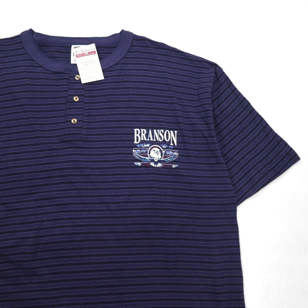 T-shirt henley a righe blu navy con cucitura singola COTTON DELUXE anni '90 di fabbricazione USA, taglia 2XL, marca BRANSON, nuova con cartellino.