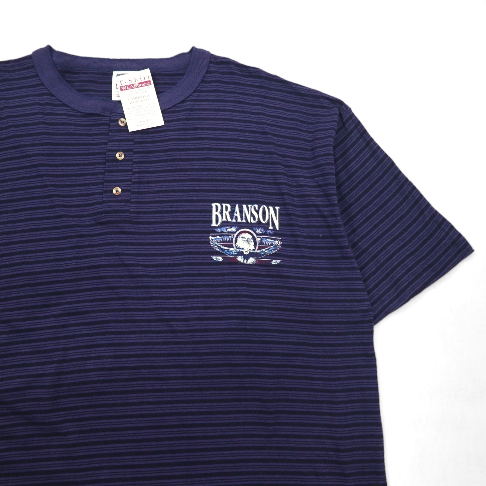 T-shirt henley a righe blu navy con cucitura singola COTTON DELUXE anni '90 di fabbricazione USA, taglia 2XL, marca BRANSON, nuova con cartellino.
