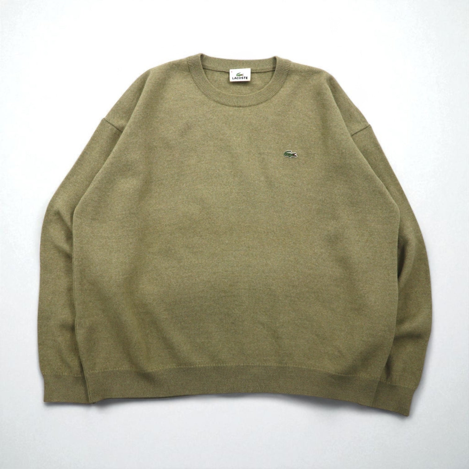 LACOSTE クルーネック セーター ニット L ベージュ ウール ワンポイントロゴ