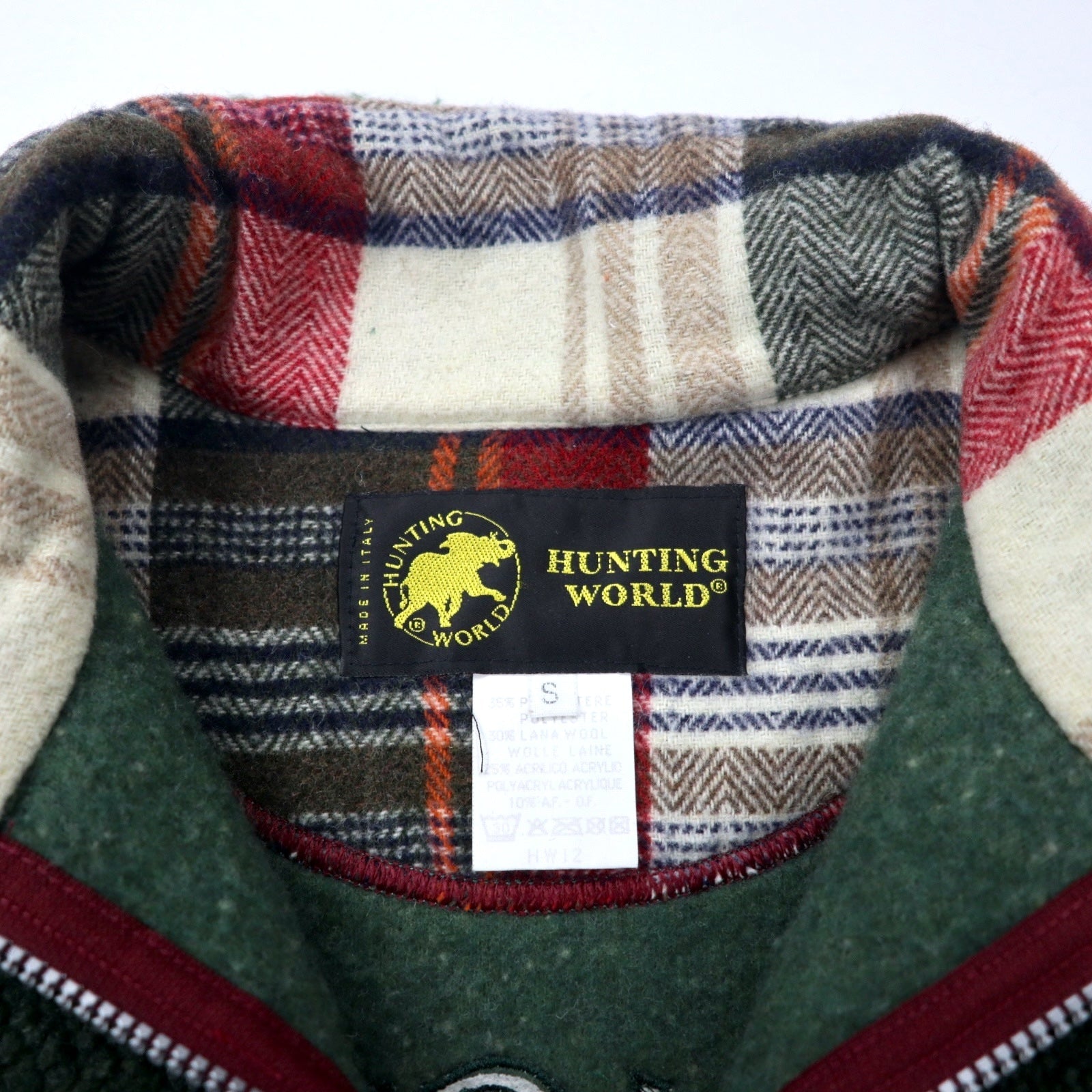 HUNTING WORLD Giacca in pile teddy con mezza zip Made in Italy S kaki poliestere ricamo logo sul retro