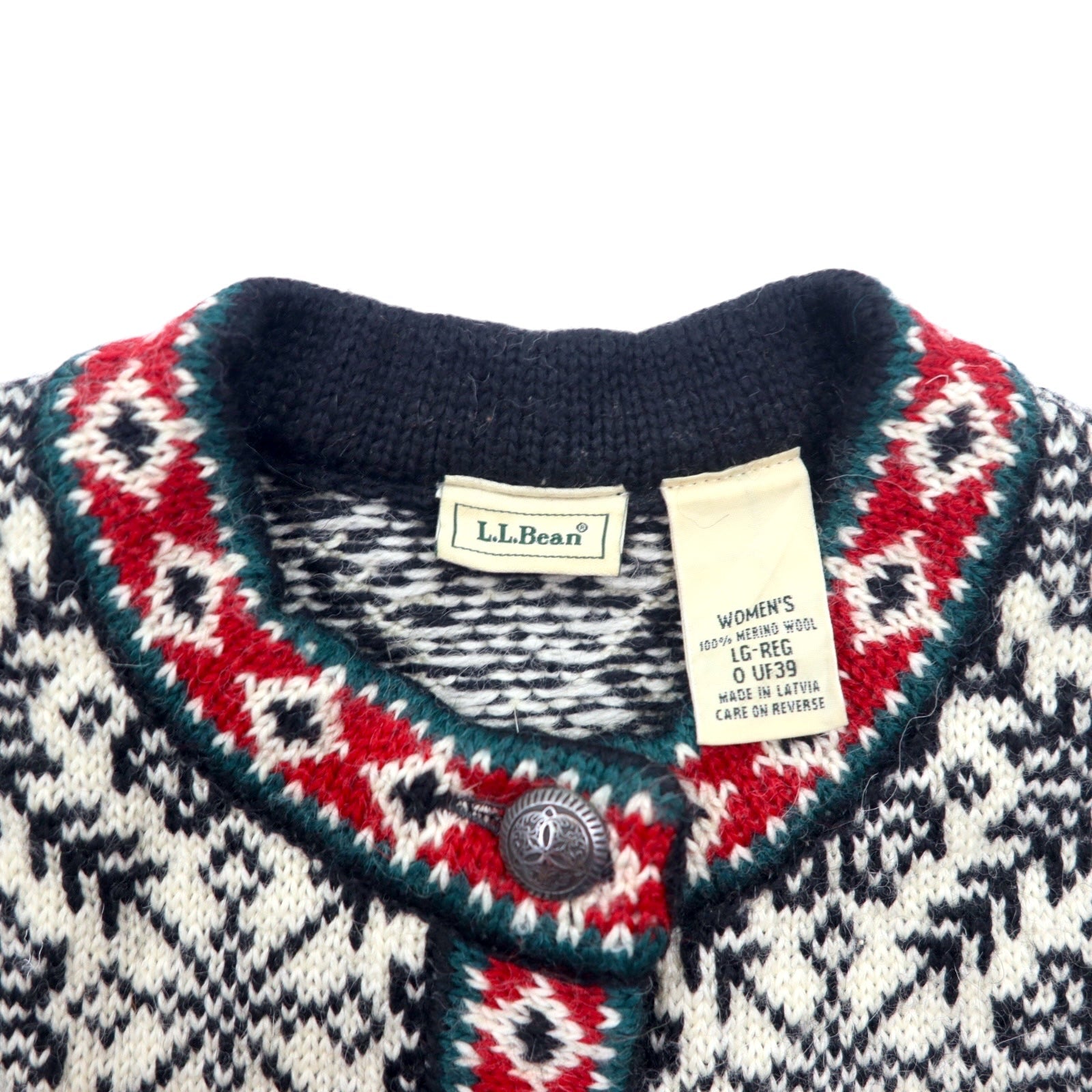 L.L.Bean チロルニット カーディガン L ホワイト メリノウール 総柄 チロリアン ノルディック柄 コンチョボタン UF39 ラトビア製