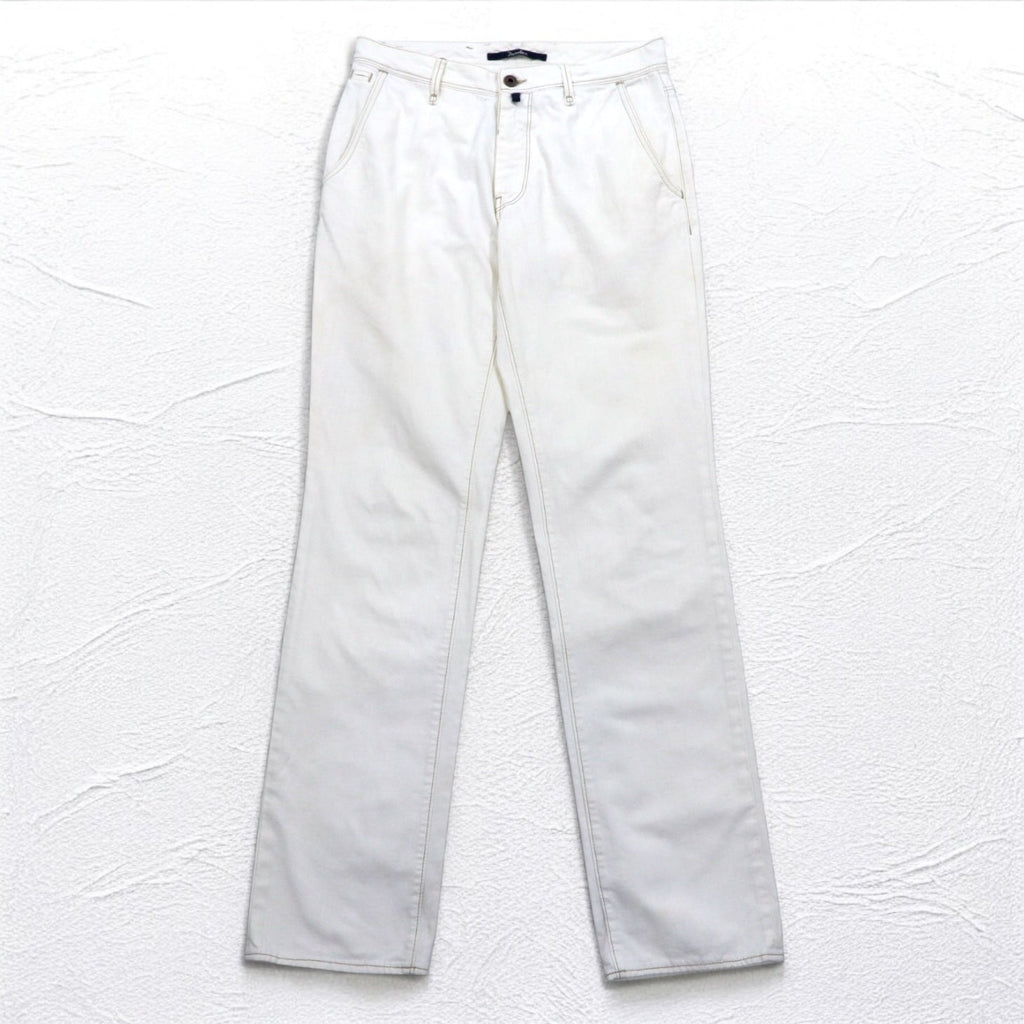INCOTEX jeans dalla Romania, taglia M, bianchi, in cotone, modello TOMM SLIM, con patch in pelle e chiusura a zip.