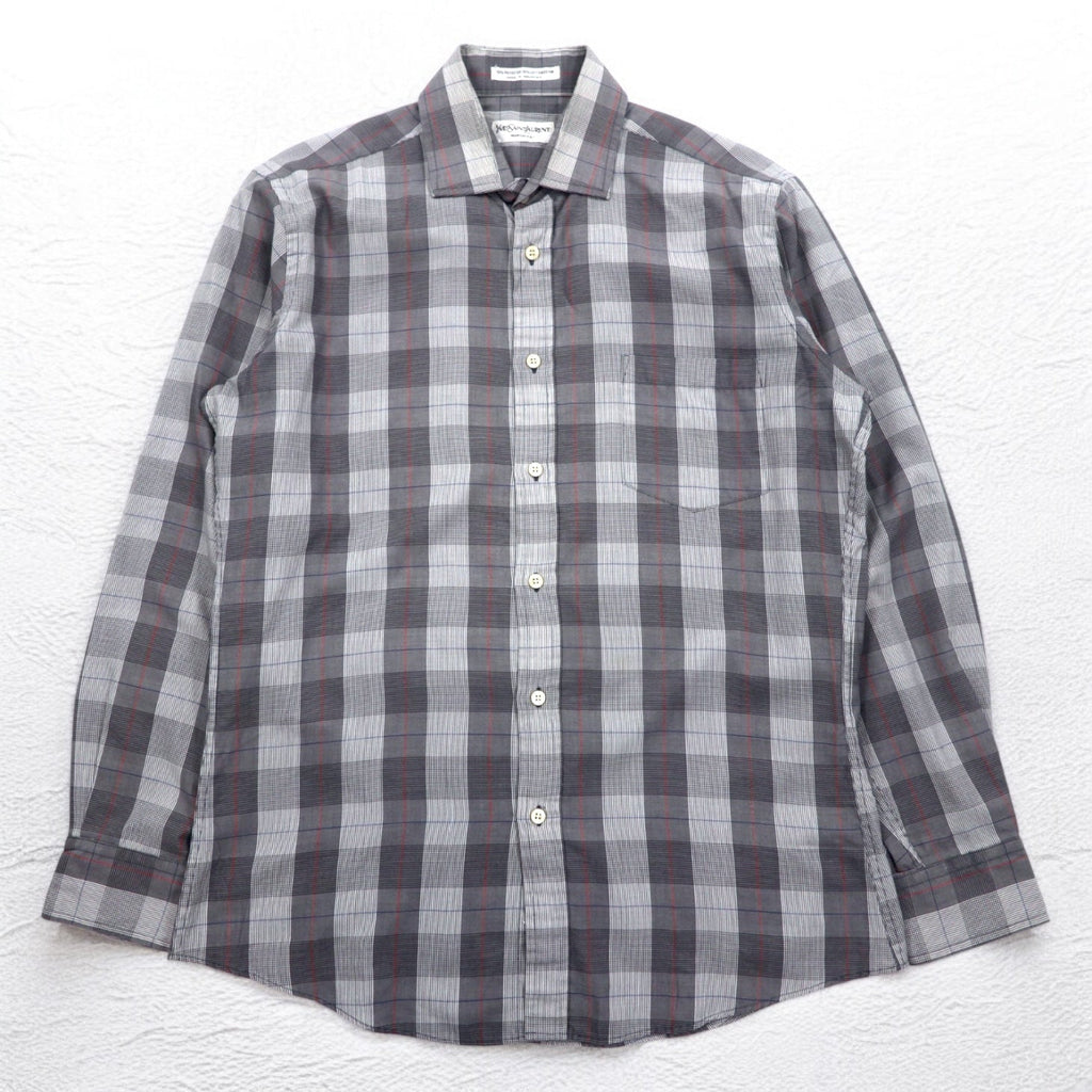 YVES SAINT LAURENT anni '90 camicia a collo largo M fantasia a quadri grigia poliestere cotone