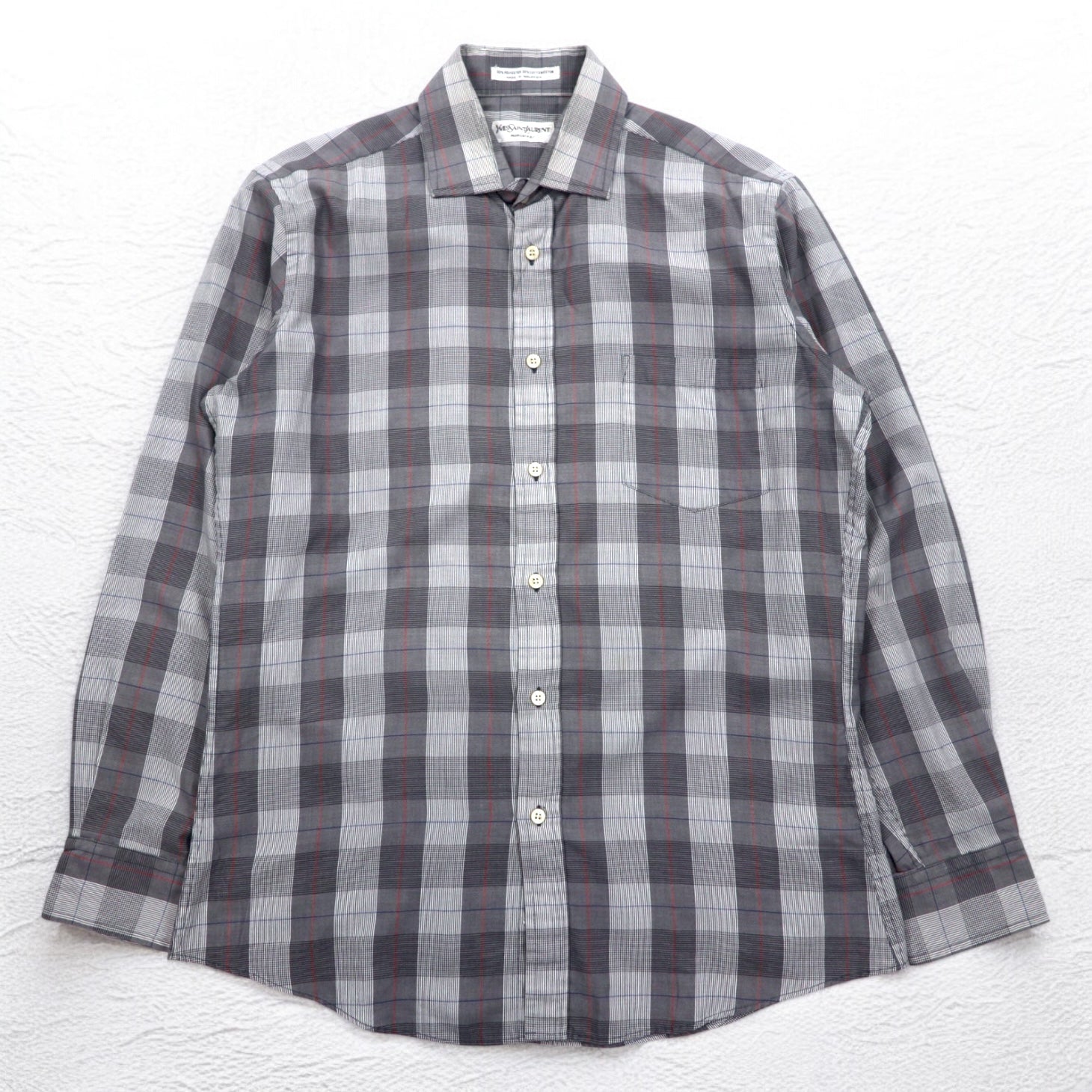 YVES SAINT LAURENT anni '90 camicia a collo largo M fantasia a quadri grigia poliestere cotone