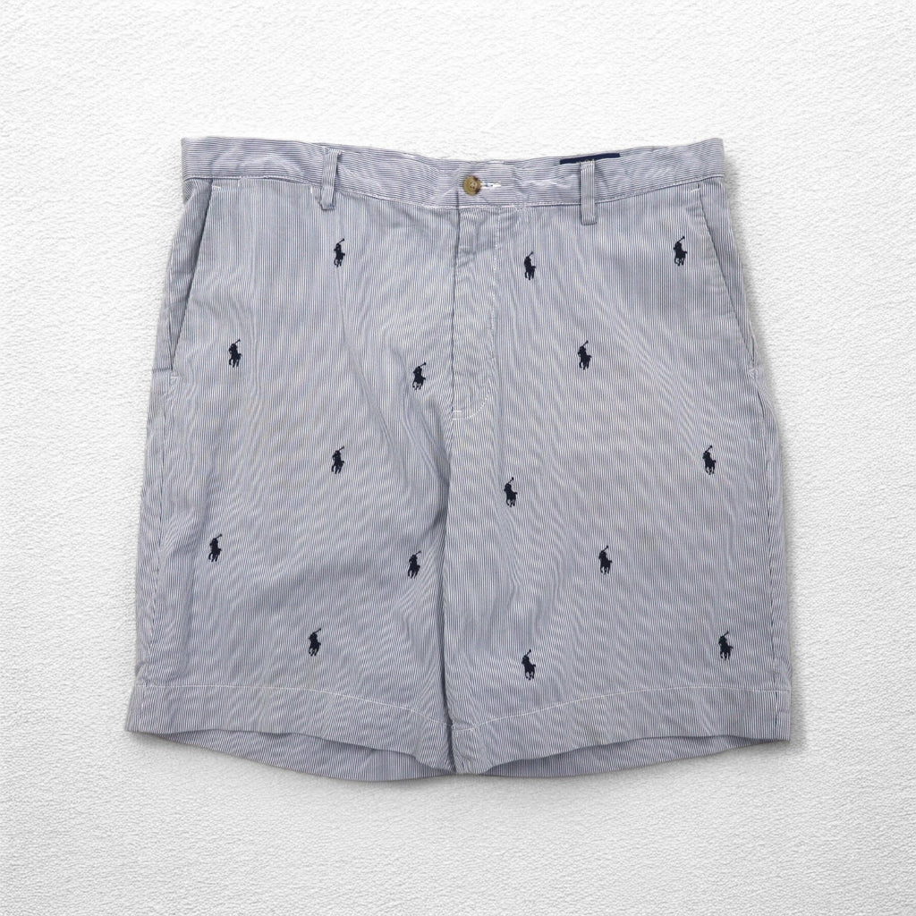 POLO RALPH LAUREN Pantaloncini in seersucker, lunghezza a metà coscia, taglia L, a righe blu e bianche, CLASSIC FIT, ricamo "all-over pony"
