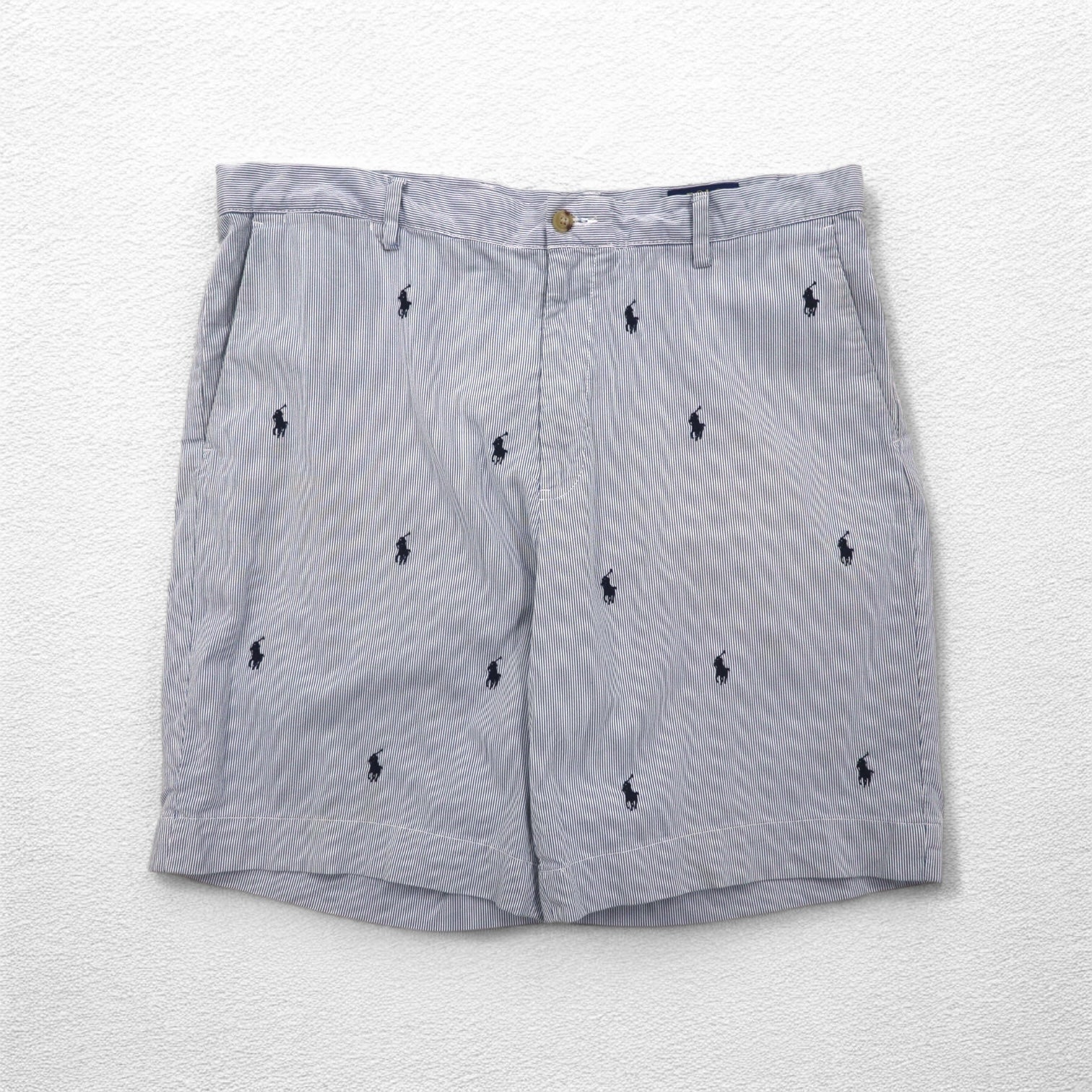 POLO RALPH LAUREN Pantaloncini in seersucker, lunghezza a metà coscia, taglia L, a righe blu e bianche, CLASSIC FIT, ricamo "all-over pony"