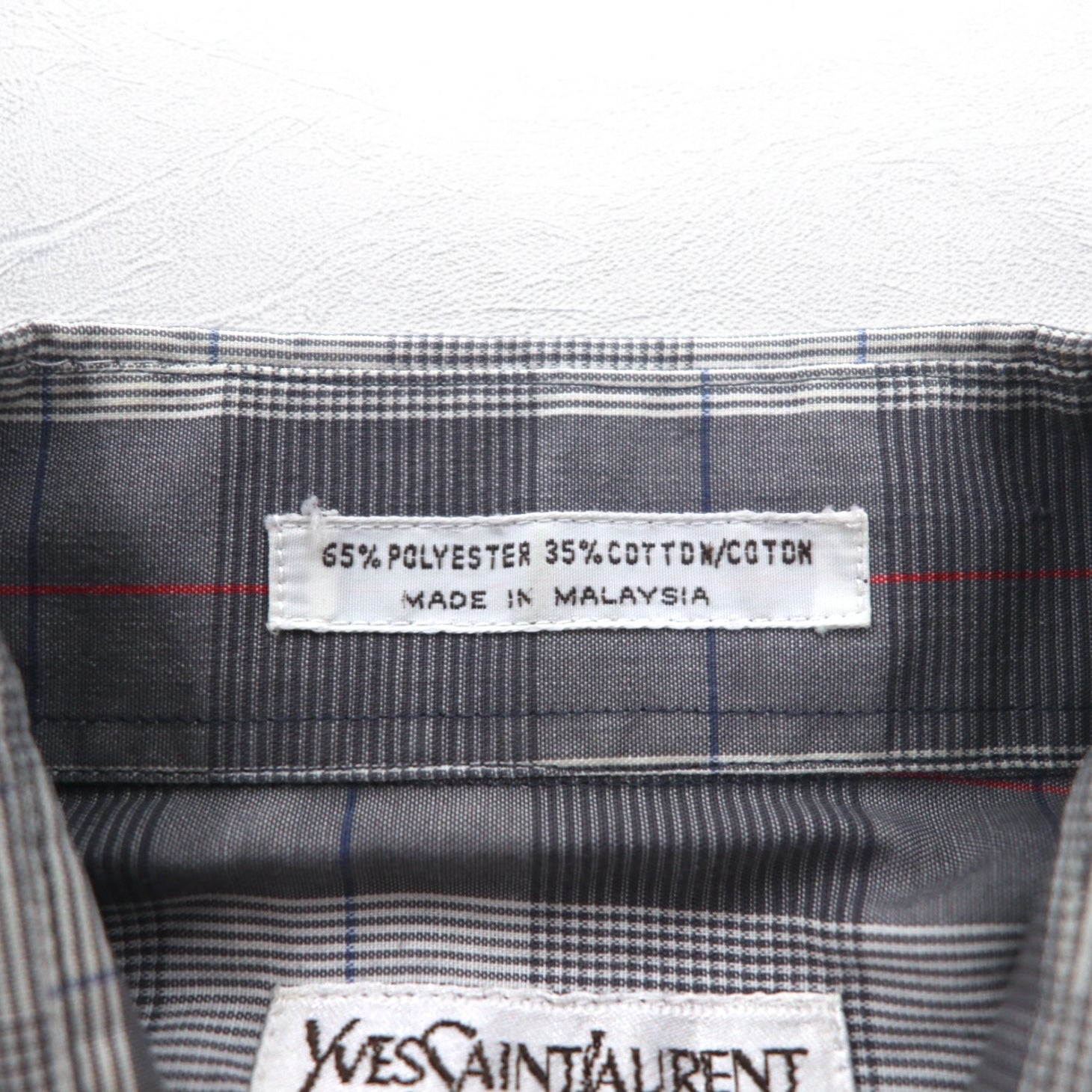YVES SAINT LAURENT anni '90 camicia a collo largo M fantasia a quadri grigia poliestere cotone